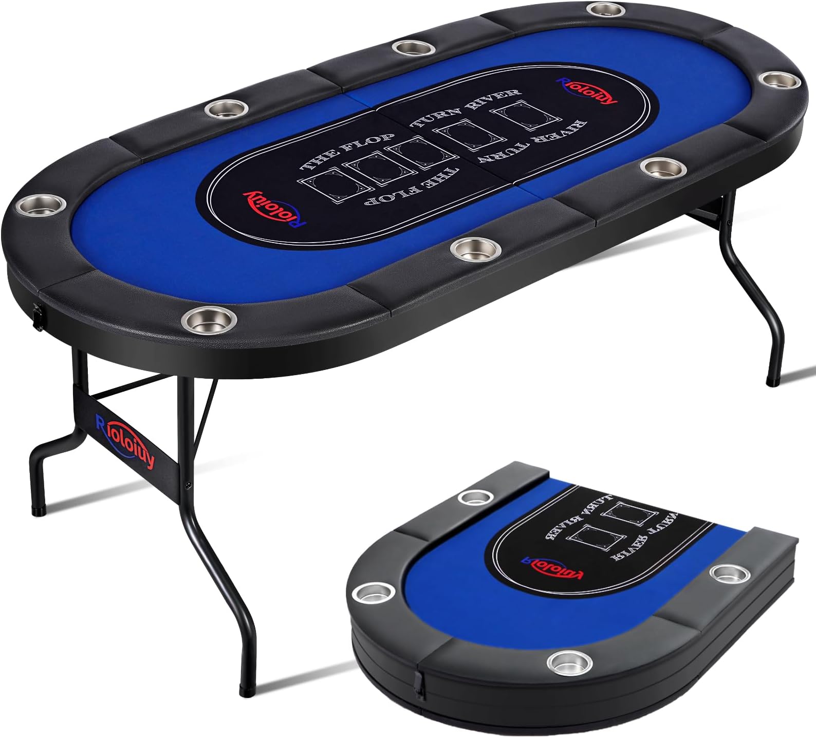 Rioloiuy 8 Player Poker Table Foldable, Texas Holdem Casino Table with Padded Rails & Cup Holders, Portable Folding Game Table for Home or Game Room, 71 Inch
