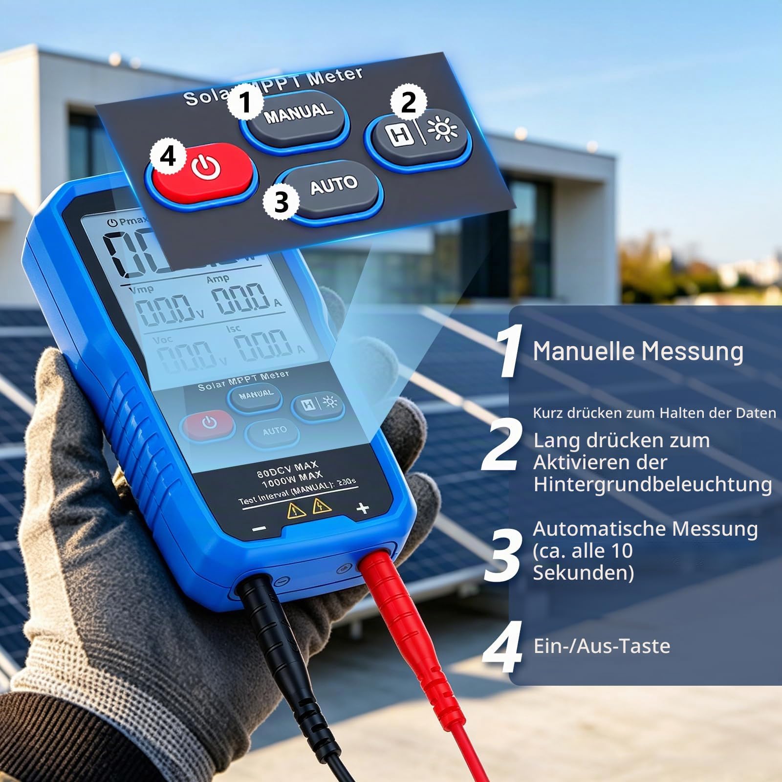 Solarpanel MPPT Tester, 1000W Photovoltaik Panel Multimeter mit LCD Display, Solarmodul-Leistungstester für Auto/Manuell Messung, Voc Isc Vmp Pmax Prüfung, Tragbarer Solarmessgerät
