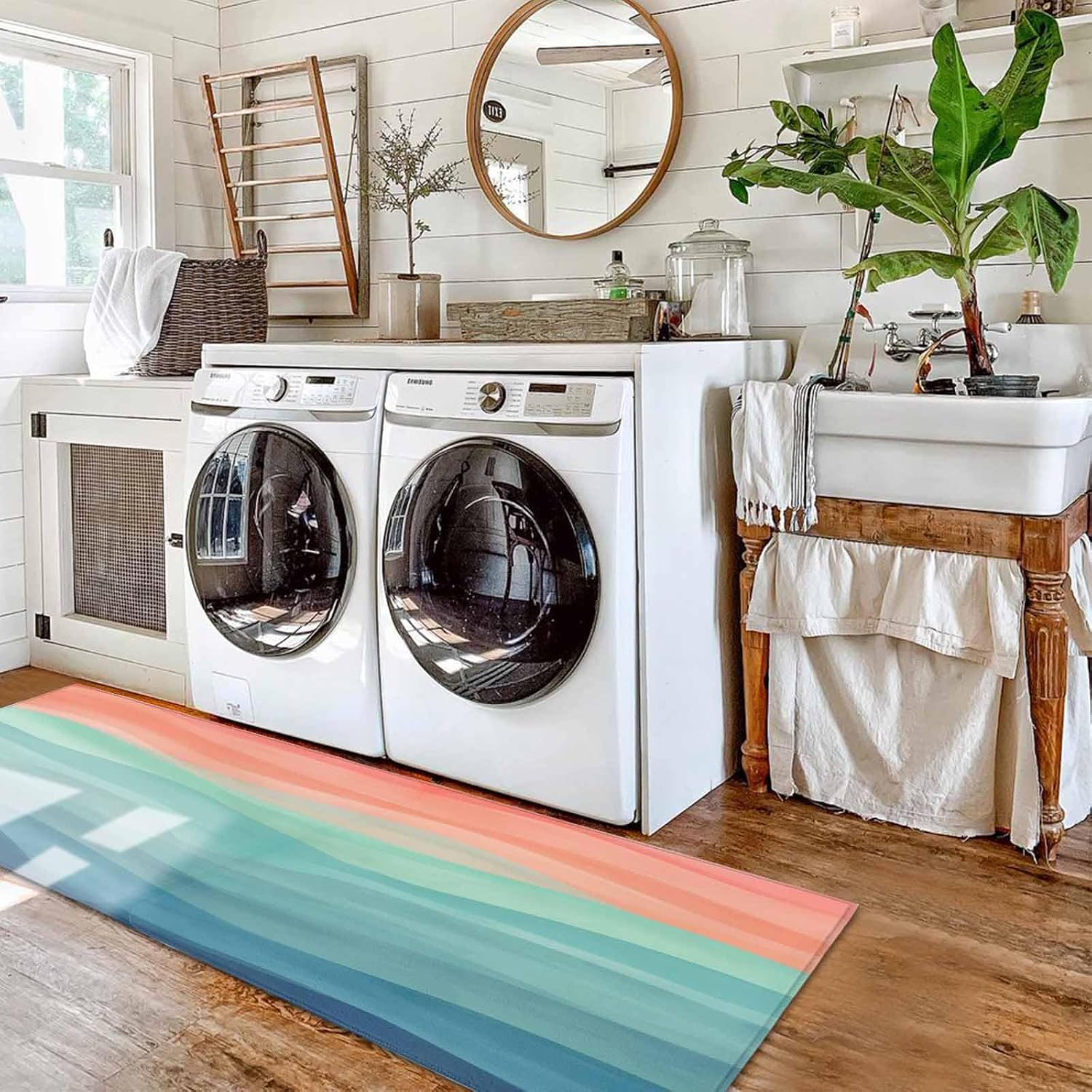 Kitchen Mats for Floor Abstract Boho Teal Sea Waves Washable Non Slip Kitchen Rugs 2PCS, Orange Sun Coastal Dusk Absorbent Standing Mats for Sink Bathroom Office Living Room 15.7x23.6in+15.7x47.2in