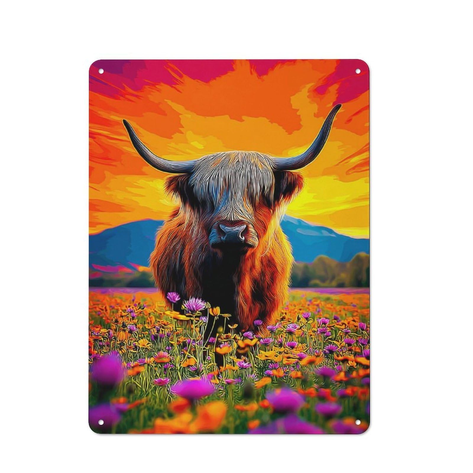 Junmoney Highland Cow In Vibrant Field Retro Metal Sign 40X30cm For Living Room Or Hallway, For Updating Living Room And Hallway After Moving