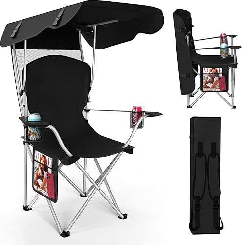 Silla de camping portátil con dosel, silla plegable con toldo, silla Oxford 600D duradera para camping, playa, picnic, pesca y deportes