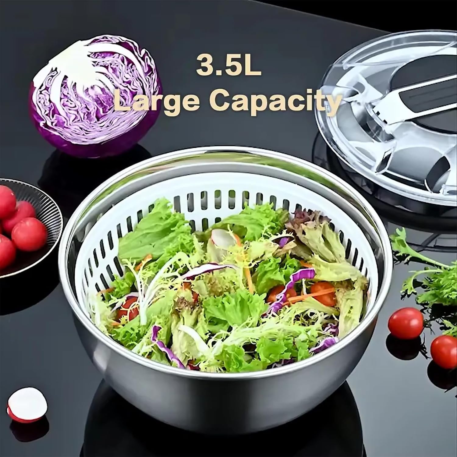 Stainless Steel Salad Spinner, Portable Salad Dryer with Rotating Handle, Double Layer Separation Design and 3.5L Large Capacity, Fast Efficient Dehydration and Easy to Cleaning, for Kitchen