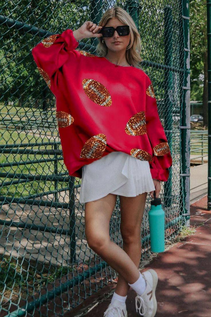 Eatbook Women Sequin Football Sweatshirt Oversized Game Day Sweatshirt Rugby Fall Graphic Crewneck Pullover Tops
