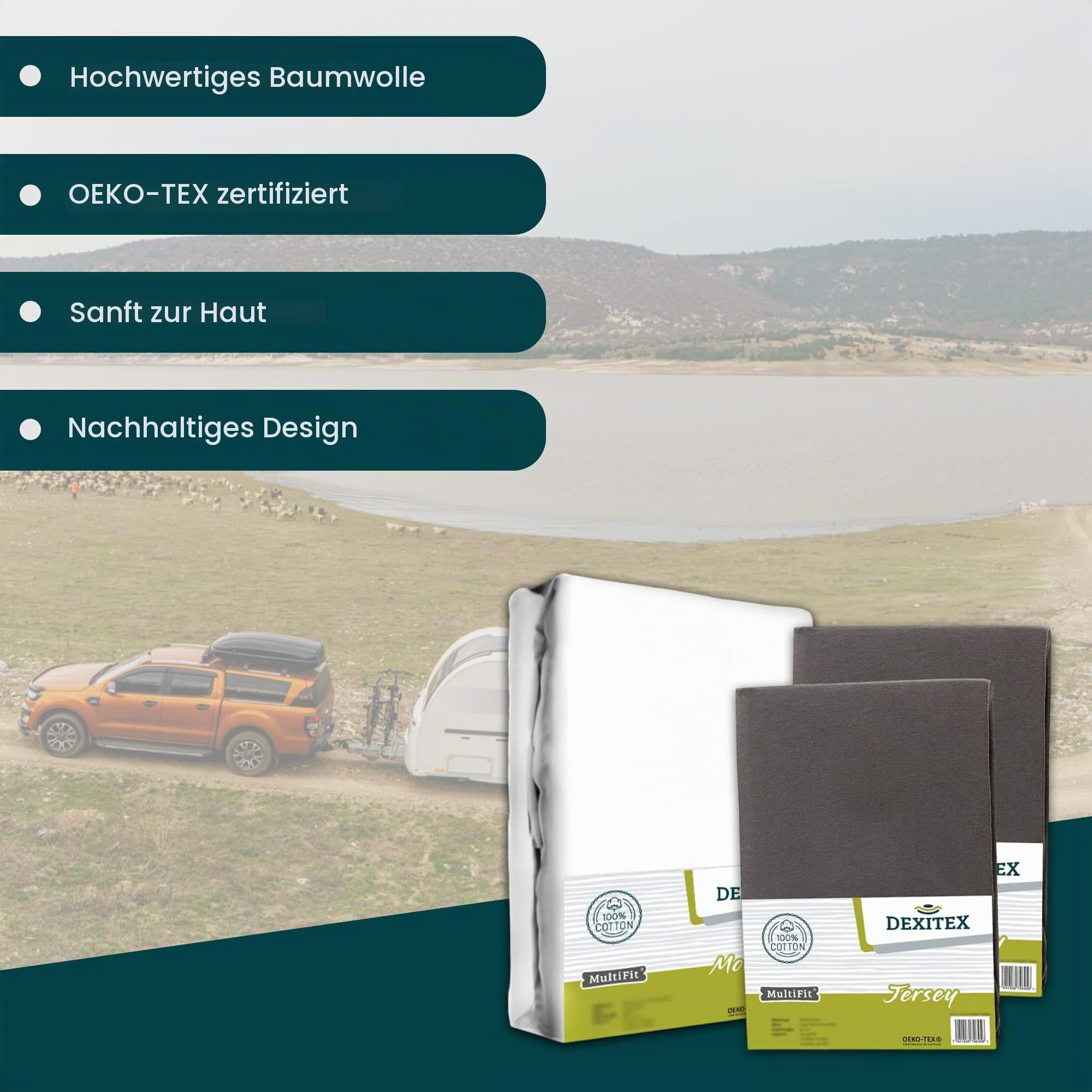 Bettlaken Wohnwagen Queensbett - 3er Set - 1 Molton, 2 Spannbettlaken - Anthrazit- Bettlaken aus hochwertiger Baumwolle -Oeko-TEX - Multi-Stretch-Spannbettlaken für Wohnmobil und Wohnwagen