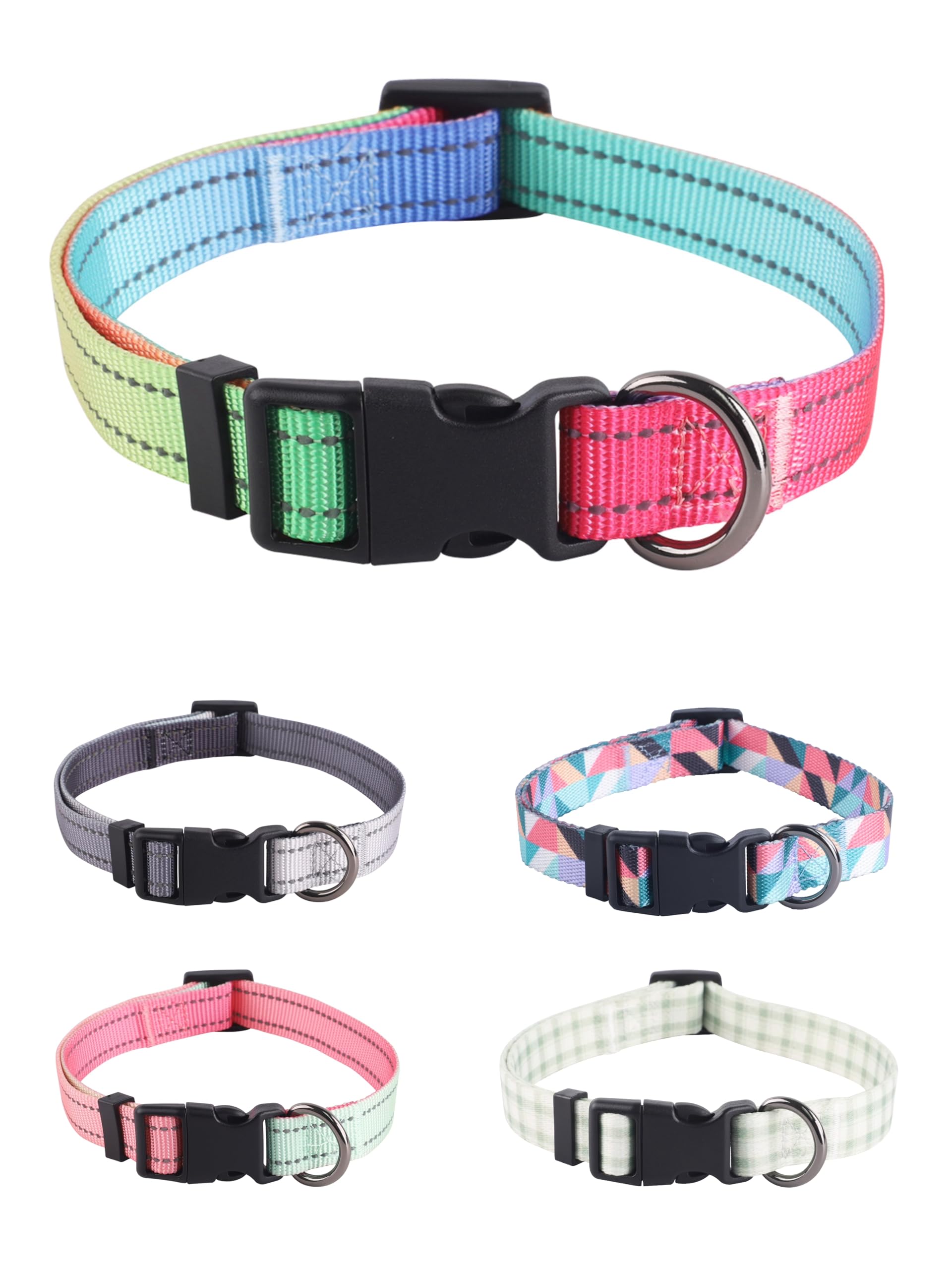 Dog Collar and Leash Set, Adjustable Pet Collars in Rainbow Geometric, Pastel Gingham, Classic Gray Patterns, Small Medium Large Dogs (M, seven colored)