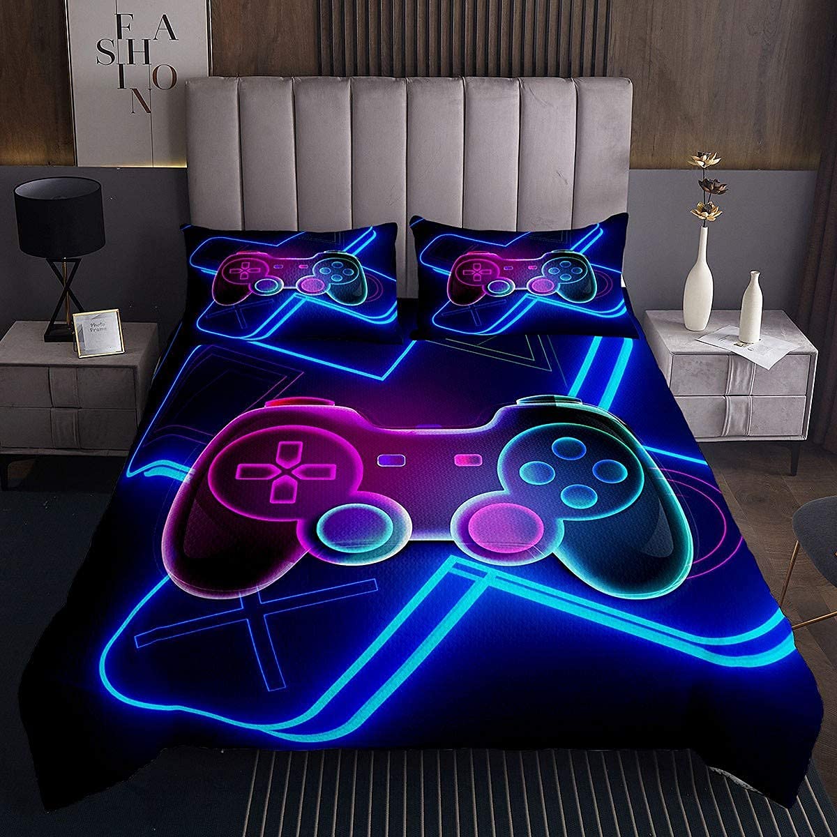 Tbrand Gamepad Bettüberwurf Teenager Gamer Steppdecke für Jungen Videospiel Deko Tagesdecke 170 x 210 cm Bunt Modern Game Controller 2 Stück Reißverschluss