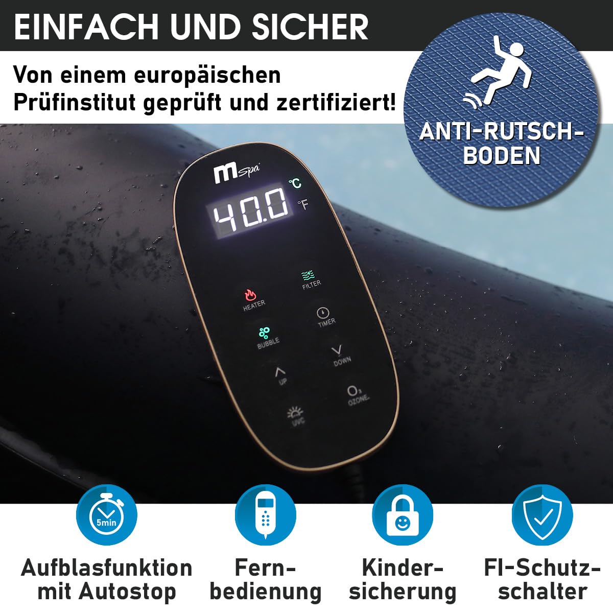 BRAST Whirlpool aufblasbar MSpa Aurora mit LED-Beleuchtung für 6 Personen Ø204x70cm In- Outdoor Pool 138 Massagedüsen Energiespar-Timer Heizung Bubble Wellness Massage