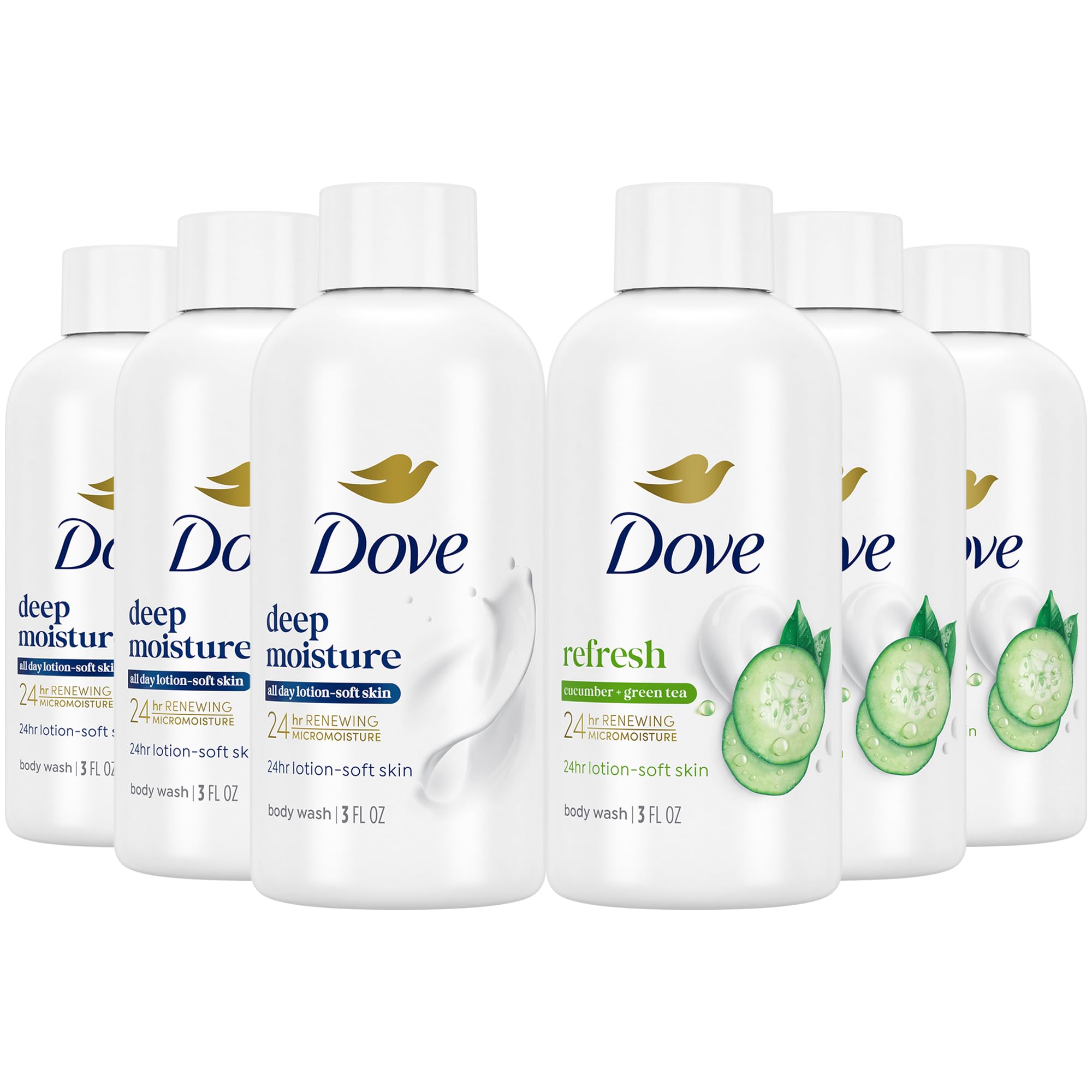 Dove Body Wash Travel Size Variety 6-Pack – Refresh Cucumber and Green Tea + Deep Moisture, 24 Hour Renewing Hydration for Soft Skin, 3 Oz Each