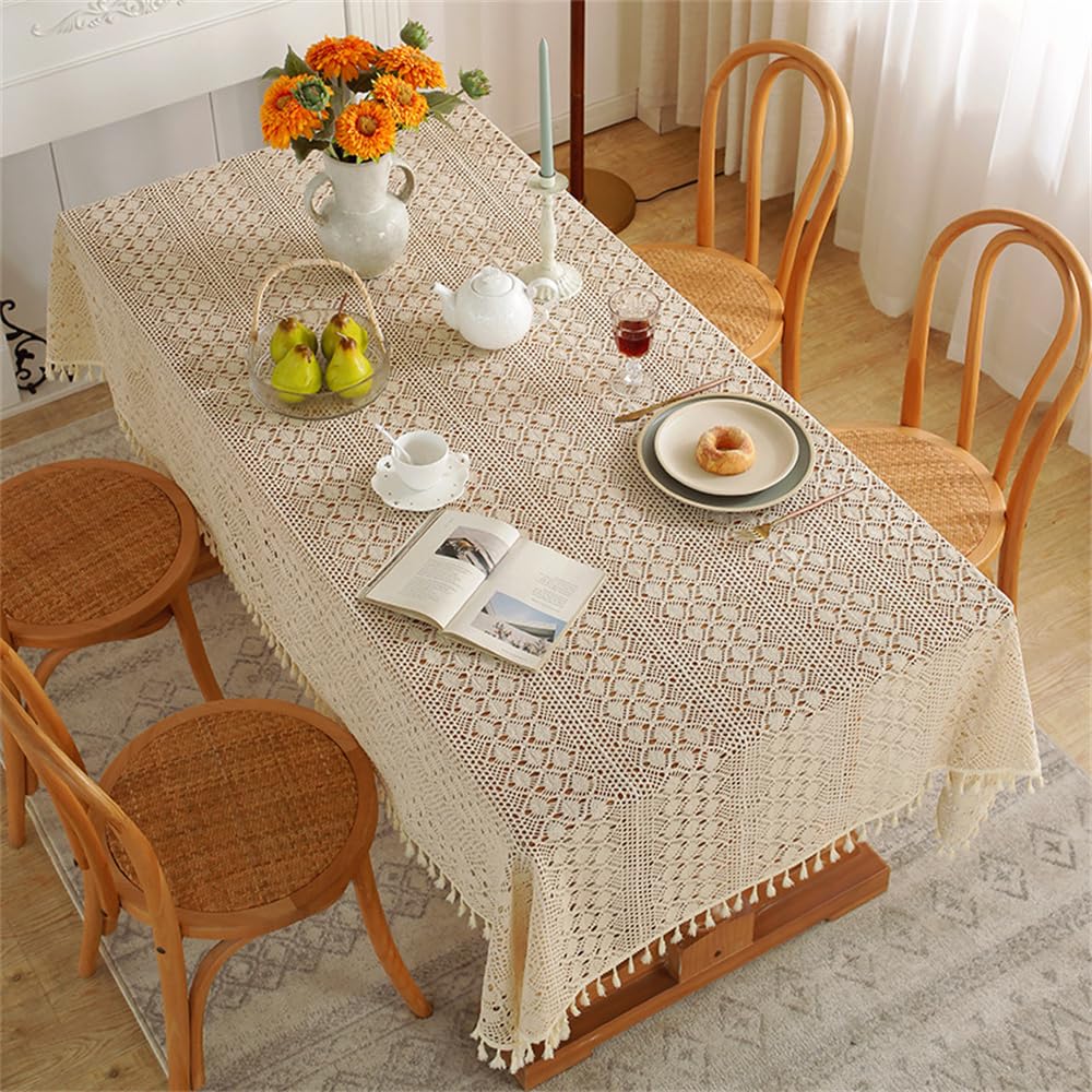 Rechteckige Häkeldeckchen, Spitze, Beige, Vintage-Baumwoll-Tischdecken, Tischdecke, Tischdekoration, Hochzeit, Zuhause, Party, Dekoration, 140 x 250 cm