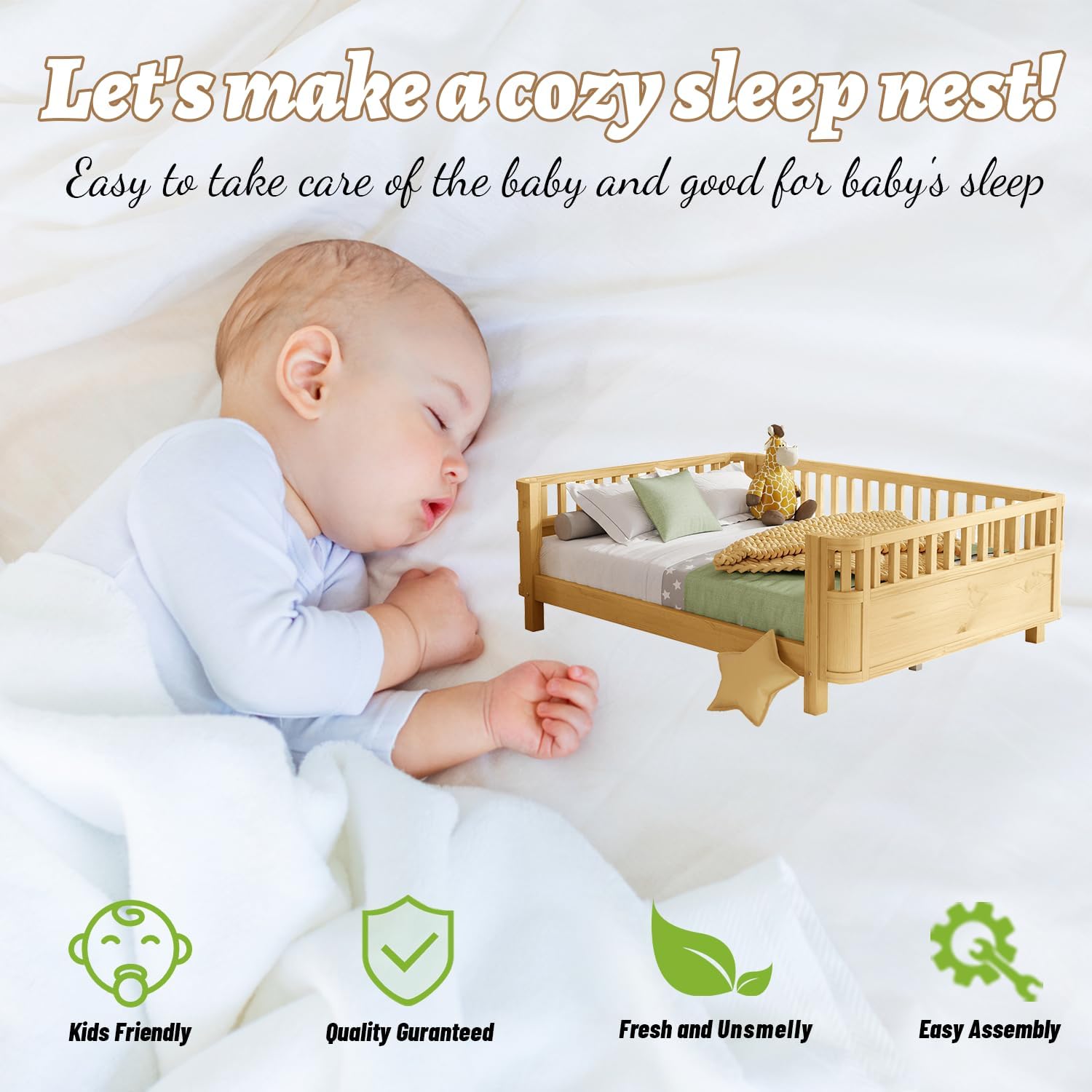 Full Size Kids Bed Frame, Low Profile Montessori Bed Full with Rails, Wood Daybed for Girls & Boys, No Spring Box Required, No Squeaks, Natural