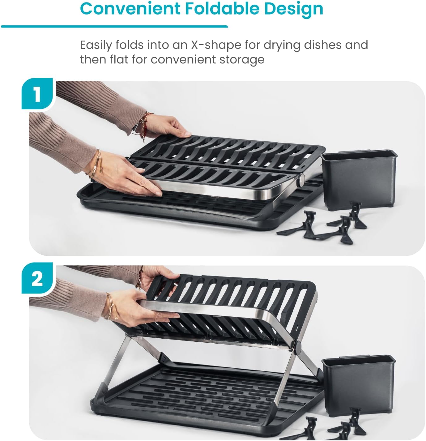 Home Zone Living Foldable Dish Drying Rack with Removable Utensil Caddy and Drip Tray