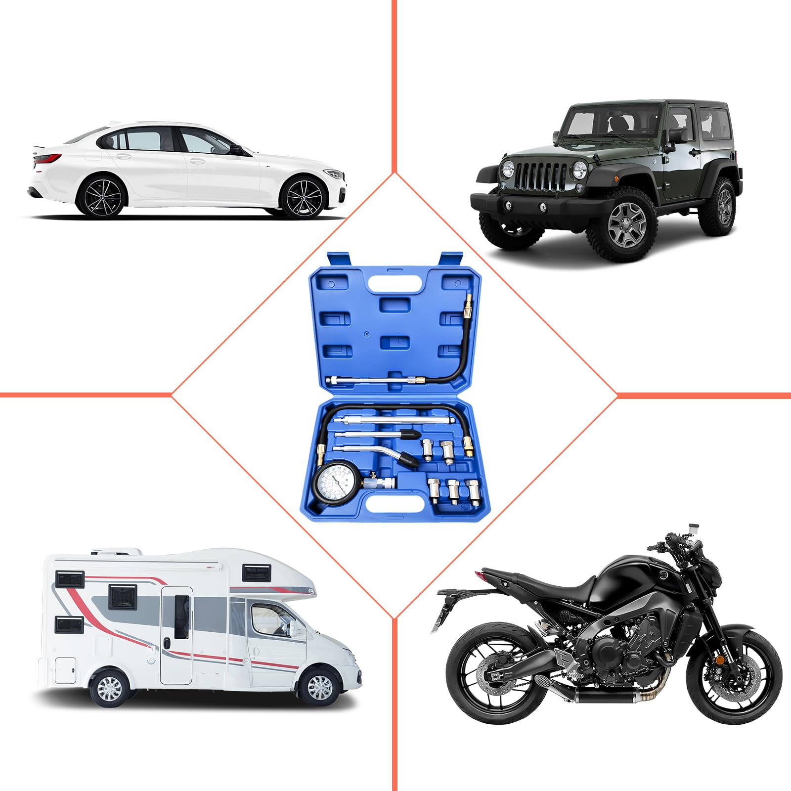 Kit de prueba de compresión de 11 piezas: probador de compresión para motores de gasolina (0-300 PSI/0-20 bar), manómetro de compresión, compresiómetro de presión de cilindro