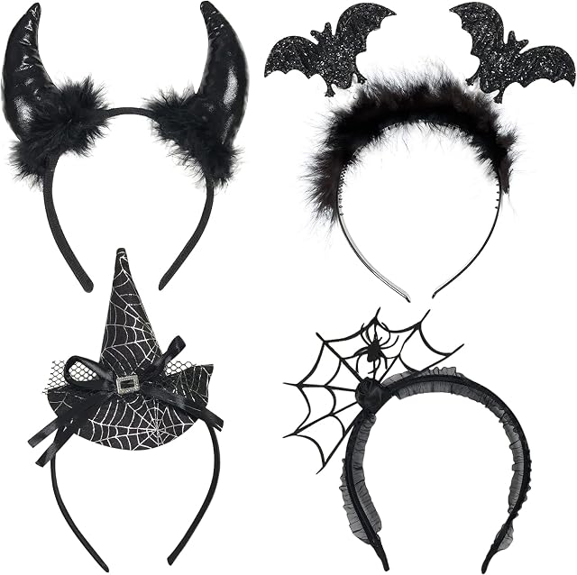 RMMD 4 Pack Halloween Headbands Assorted Halloween Headwear Spider Bat Witch Devil Horns Headband for Kids Adults Halloween Headhair for Halloween Party Favors
