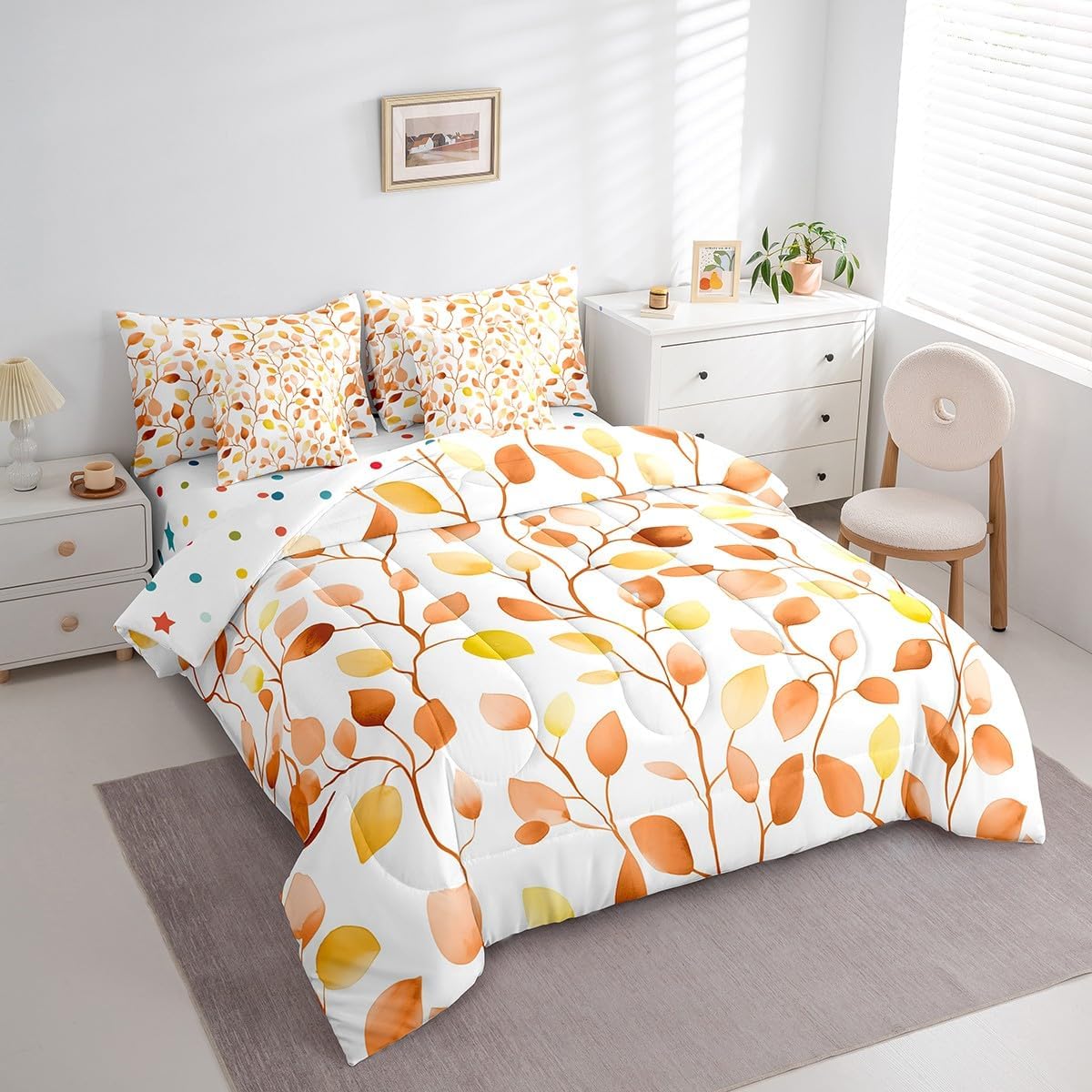 Boho Flower Bed in a Bag 7 Pieces Chic Floral Bedding Set for Kids Child, Tropical Botanical Plants Queen Size Comforter Set Orange Yellow Leaves Bedding Comforter Sets, Rustic Farmhouse Bed Set