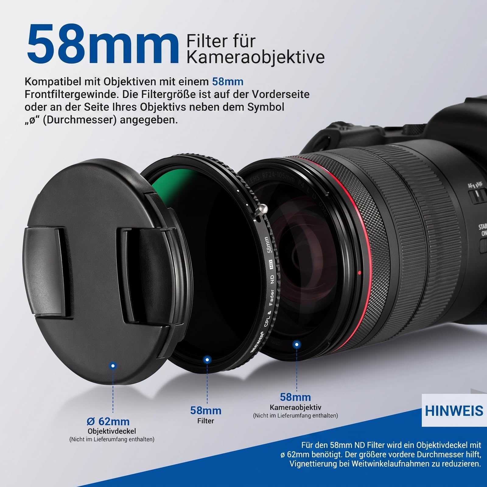 Neewer 2 in 1 58mm Variable ND Filter ND2-ND32&CPL (Zirkular Polfilter) No X Cross Variabel Graufilter HD optisches Glasagiges Nano beschichtetes wasserabweisend Kratzfest – Bild 7