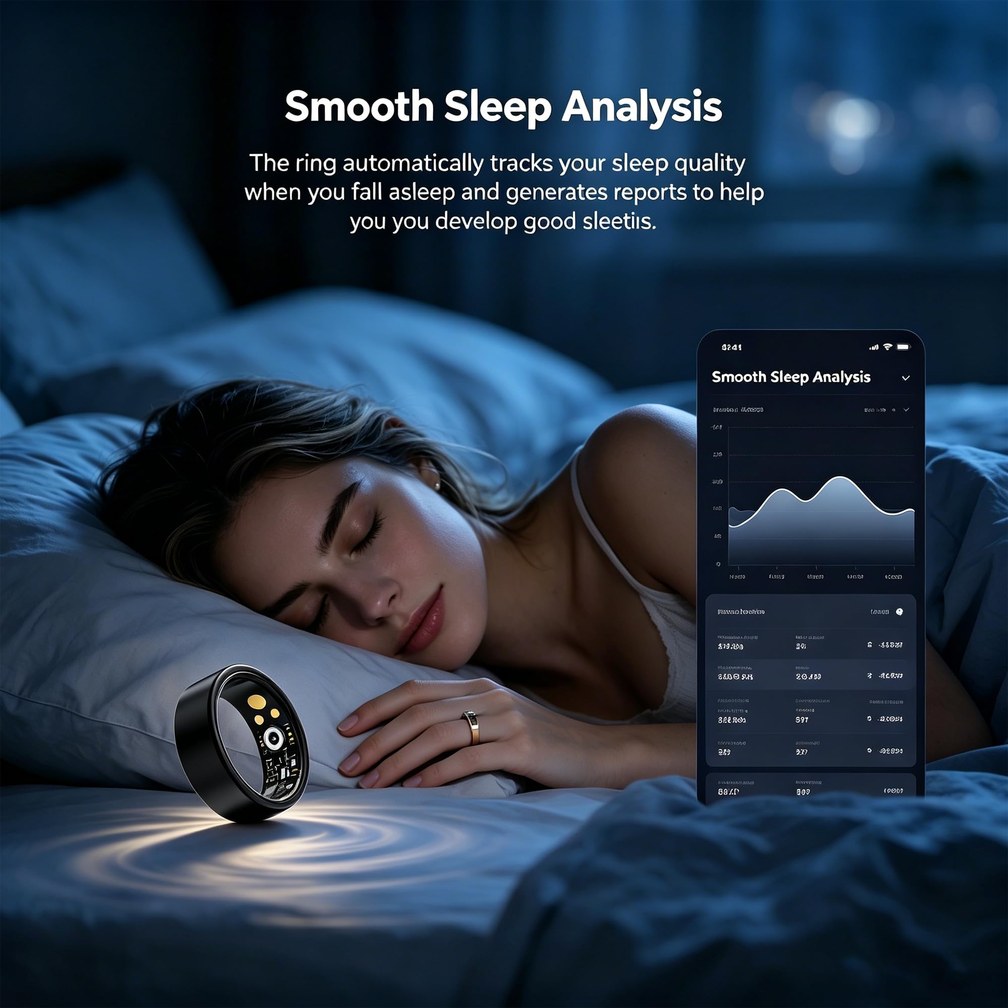 Smart Ring Moniteur de fitness et de santé pour homme et femme, moniteur de pas d'exercice du sommeil, étanchéité IP68, pas de frais d'abonnement, compatible avec iOS Android (noir, 7#)