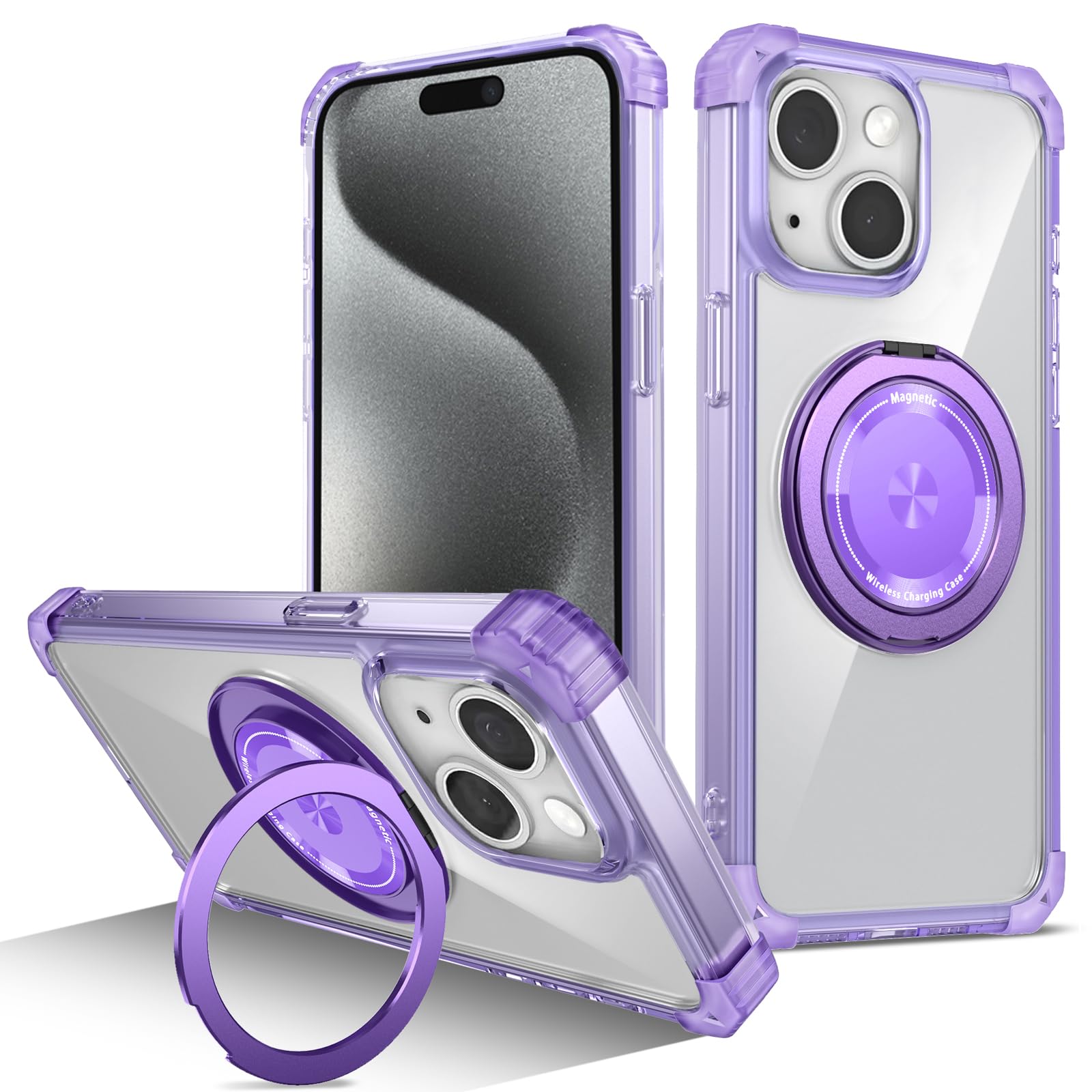 ZinLyuen for iPhone 14 Plus Case 360 Rotatable Magnetic Ring Holder Compatible with MagSafe Military Grade Shockproof Clear Case for 14 Plus,Purple