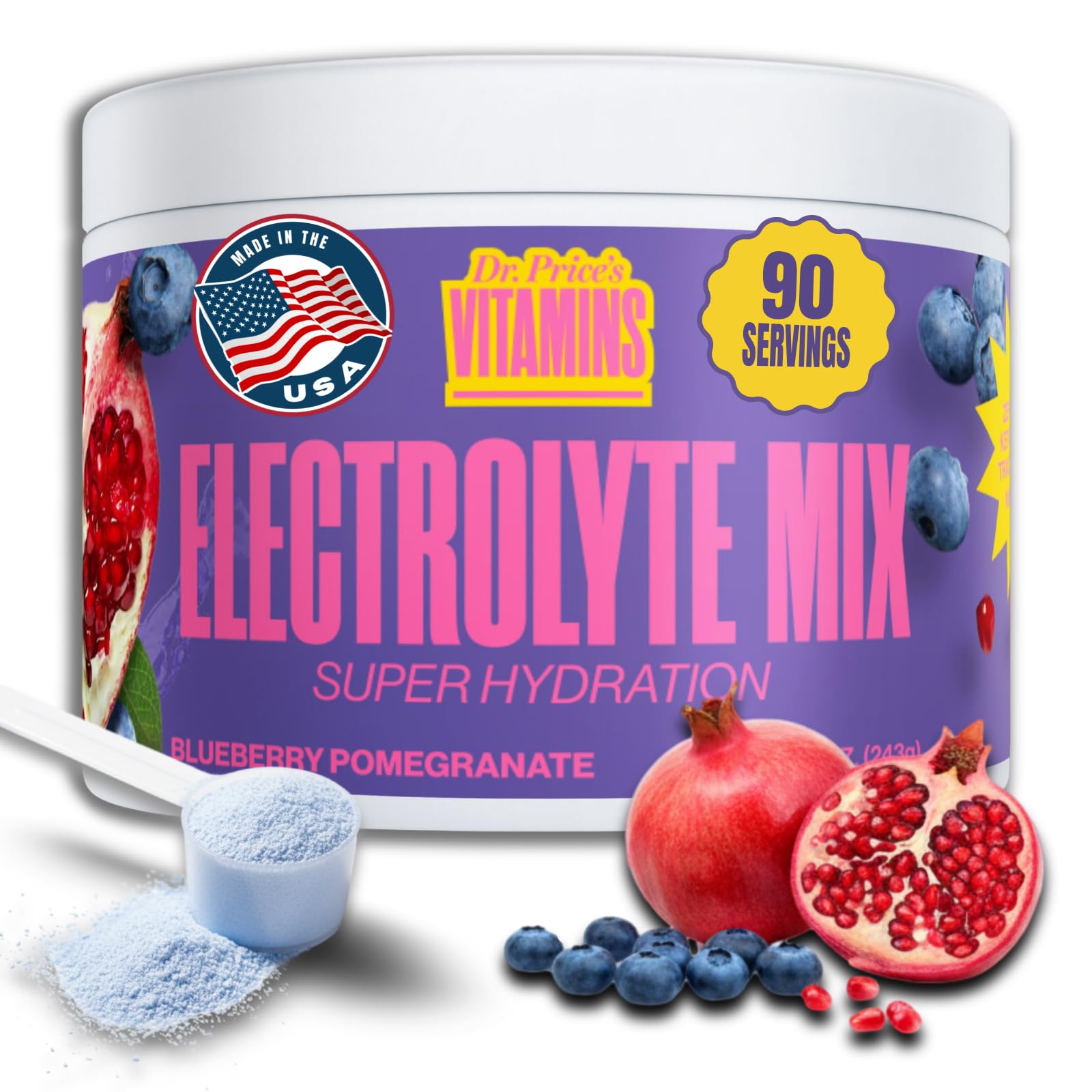 Electrolyte Mix Supplement Powder, 90 Servings, 72 Trace Minerals, Potassium, Sodium, Electrolyte Replacement Keto Drink Blueberry-Pomegranate Flavour , No Sugar, Vegan Non-GMO