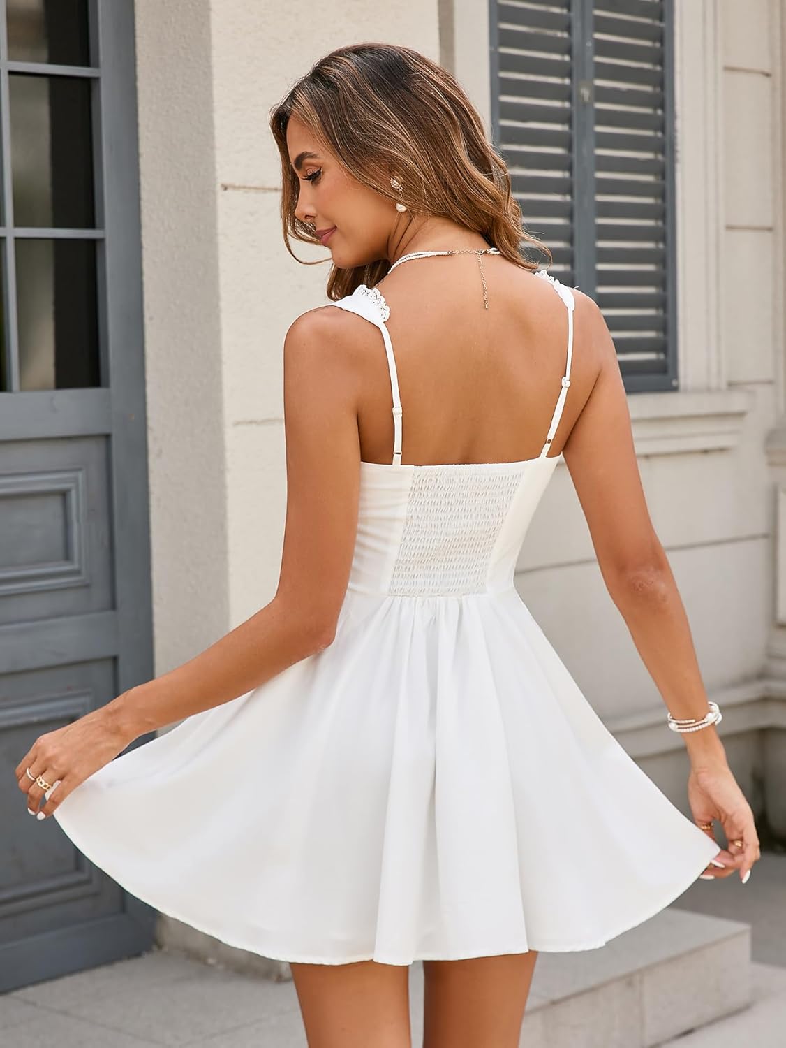 Women's Square Neck Lace Summer Casual Mini Dress Ruffle Flowy A Line Corset Buttons Cute Short Graduation Dresses - Image 6