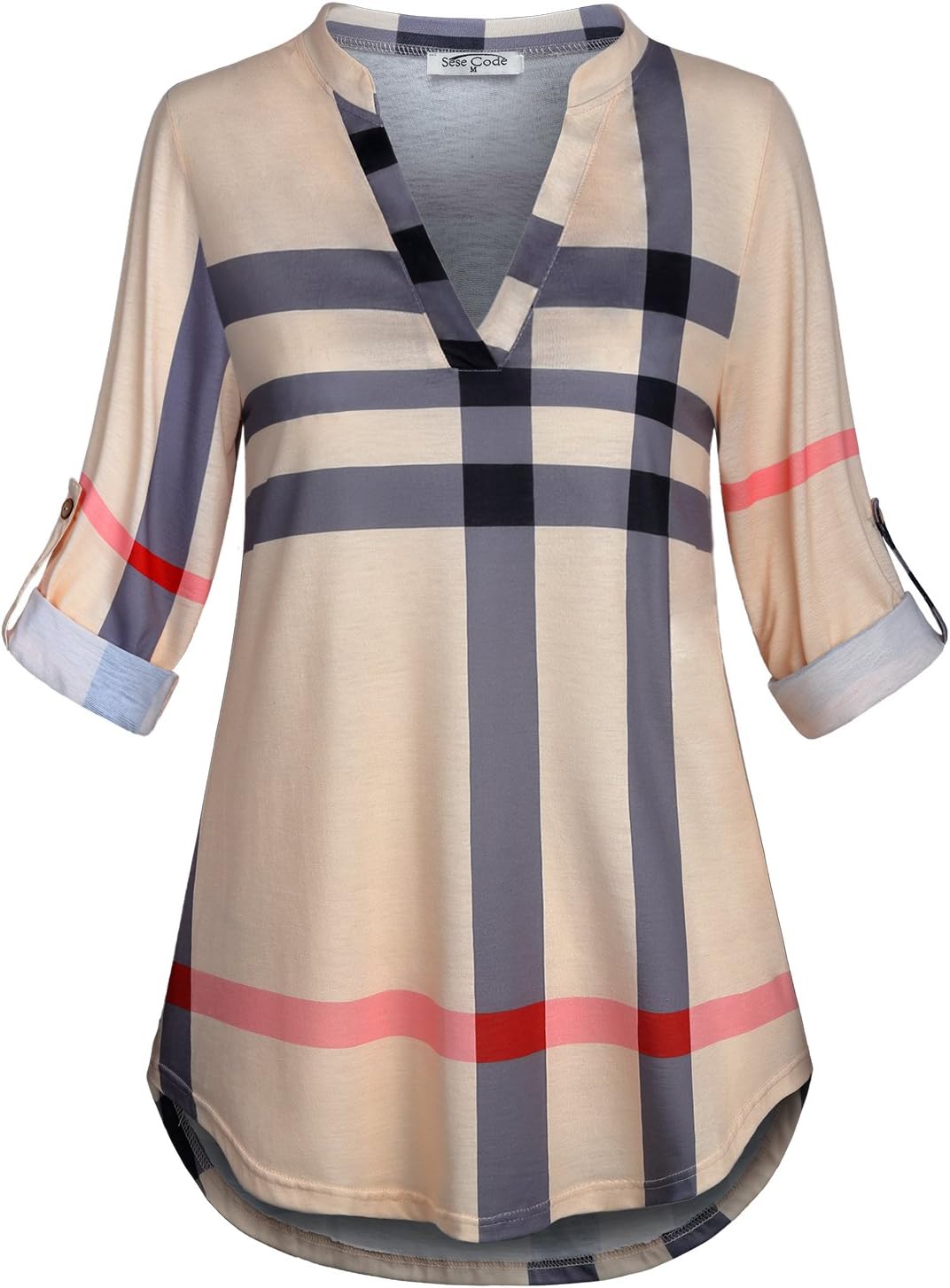 Womens 3/4 Roll Sleeve Plaid Shirt Business Casual Blouses and Tops Dressy for Work