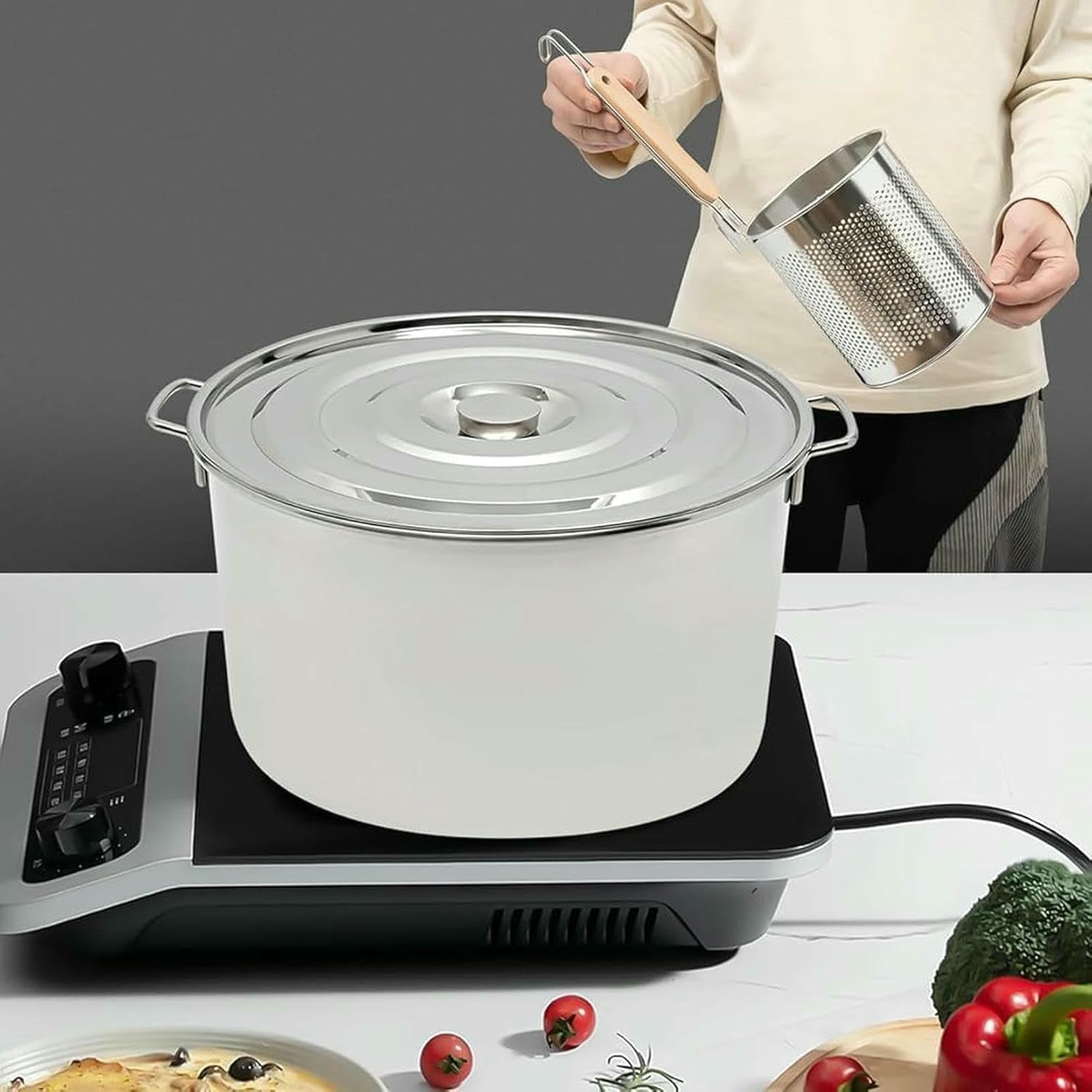 Olla per Pasta in Acciaio Inossidabile con 5 Fori con Coperchio del Filtro, Pentola di Spaghetti con Inserto Colador Potter per Cucinare ~/