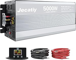 Jecatiy brand 5000W power inverter converting DC48V to AC110V with cooling fins, digital display, and remote control unit
