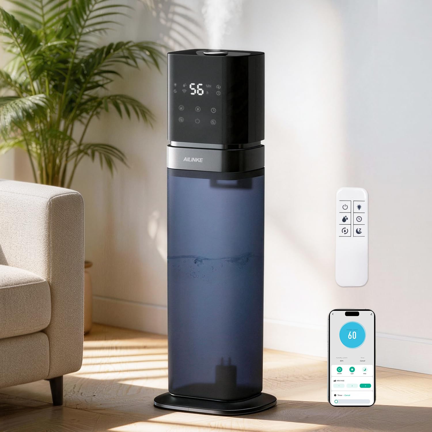 Humidificador Inteligente para Habitación Grande, 2.1 Gal/8 L, con Tubo Extendido y Luz Nocturna, Humidificador de Niebla Fría para Toda la Casa de 1000 Pies²