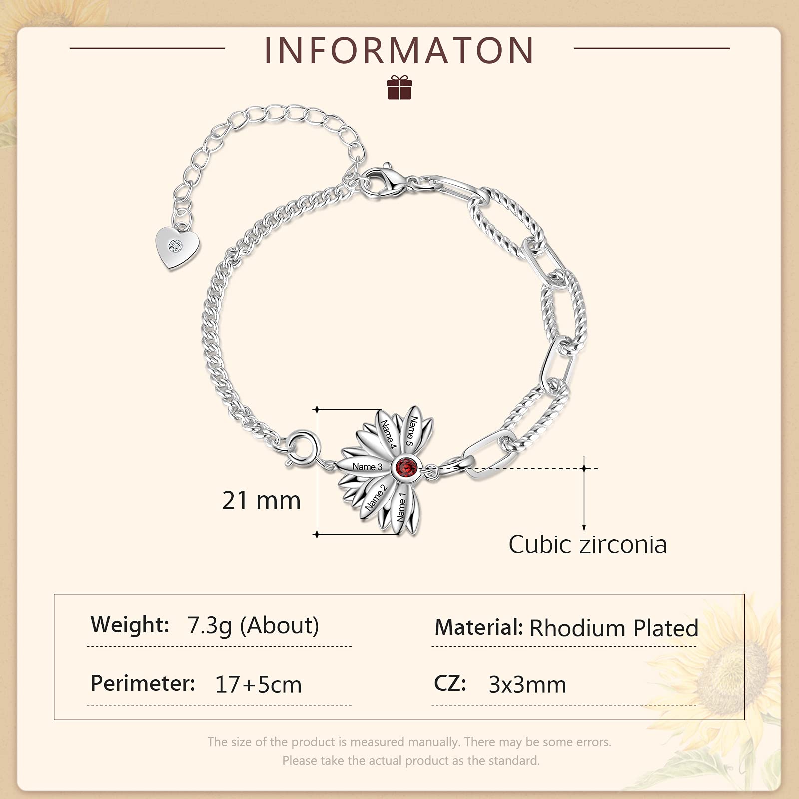 Pulsera personalizada para mujer, pulsera de plata 925 con piedra natal ajustable de girasol grabado con 2 nombres, joyería de Navidad, regalos para mamá o novia, cumpleaños, Cubic Zirconia,