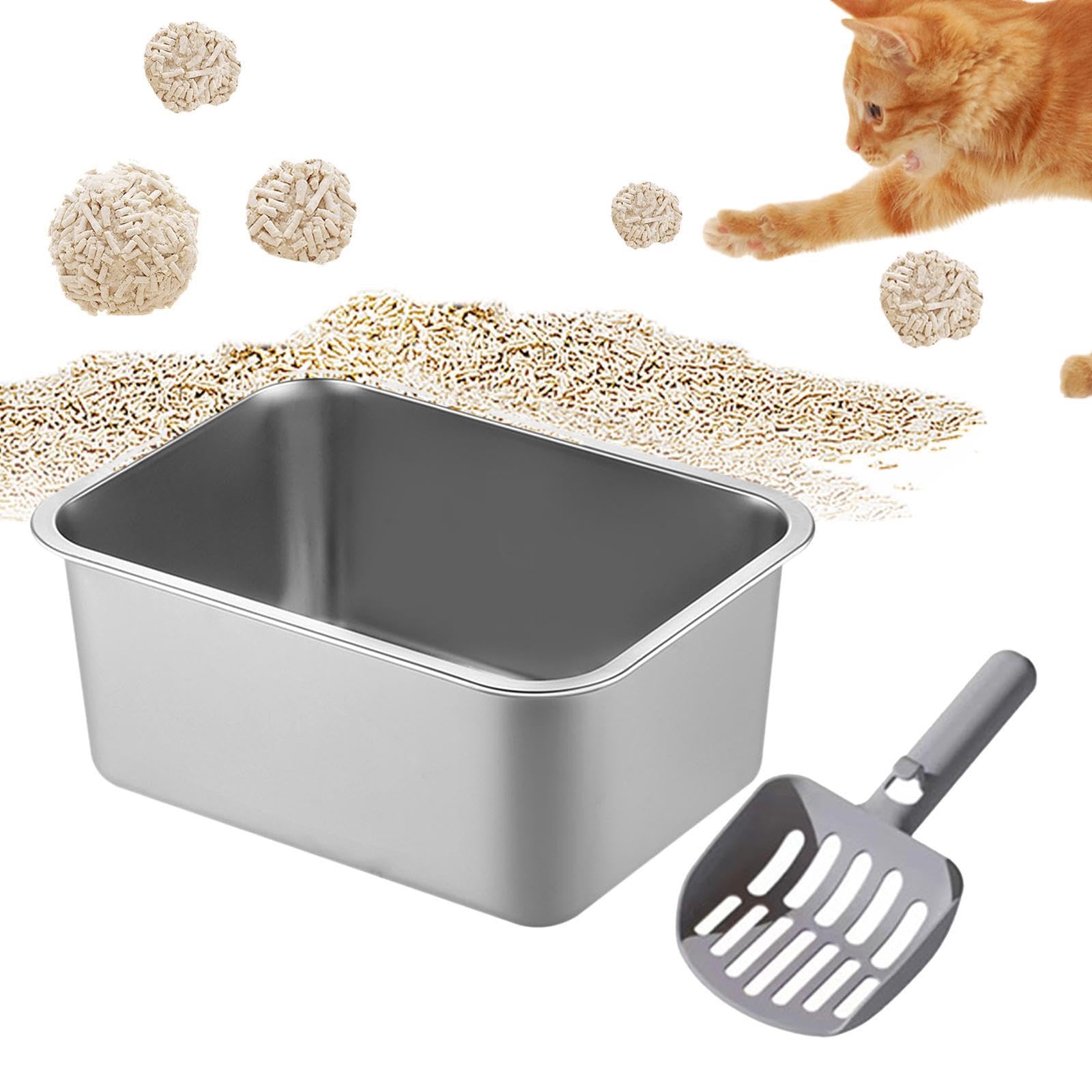 Bandeja de Arena para Gatos, Pala y arenero de Acero Inoxidable, Inodoro con Bordes Altos