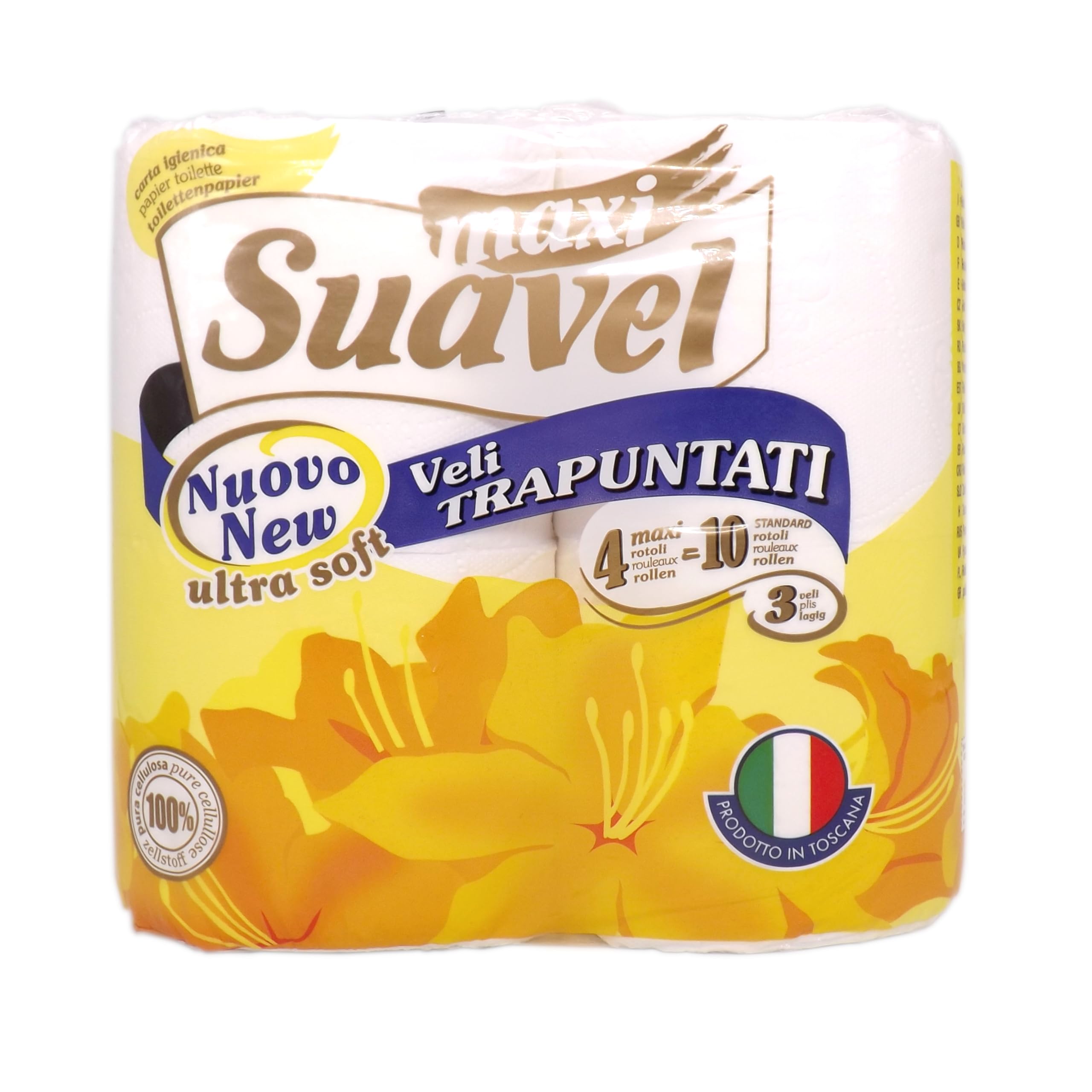 Carta Igienica 3 veli 40 Rotoli (10 Pacchi x 4 Rotoli) Ultra Morbida Trapuntata, Non Profumata, Pura Cellulosa, Confezione Risparmio Formato Maxi, 200 strappi per rotolo