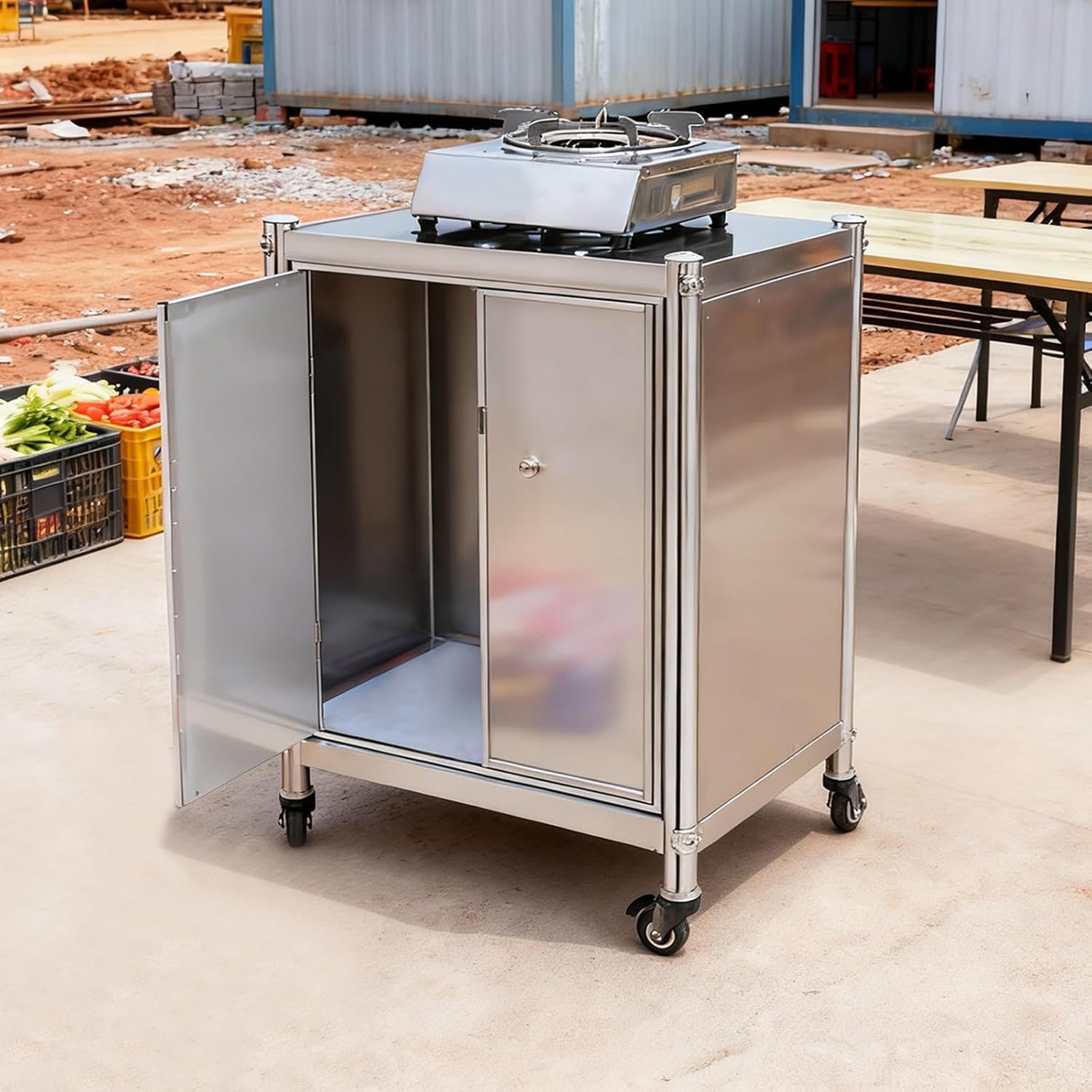 Mobile Stainless Steel Work Countertop with Dual Cabinet Doors Worktable Accommodates Gas Cylinders Multi-Functional Freestanding Storage Rack for Homes(60x50x91cm/23.6x19.7x35.8”)