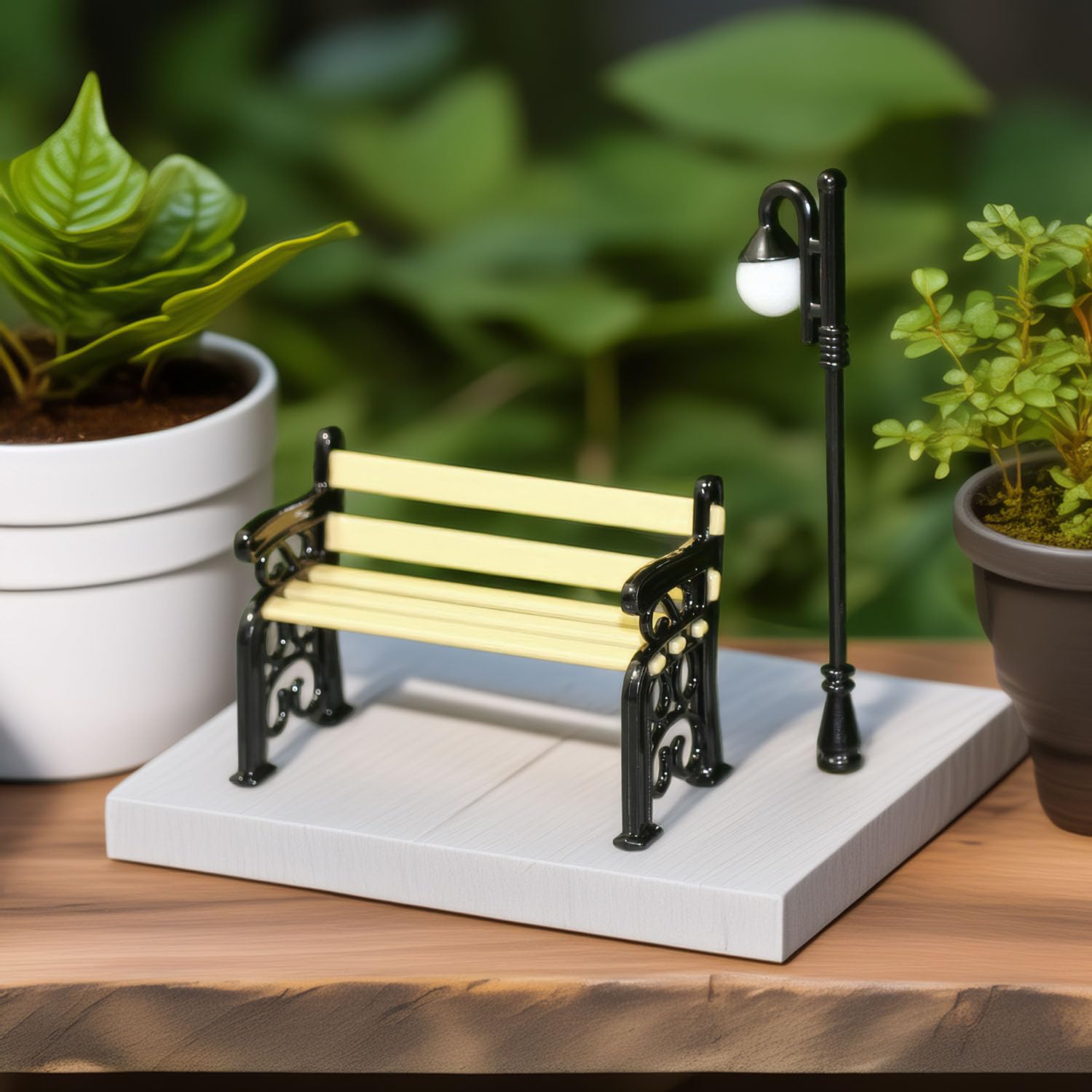 DAWRIS Miniature Lantern Bench – Banc + Lampe Qui S’allume – Accessoire Jardin Miniature, Serre, Décoration – Métal Et Plastique