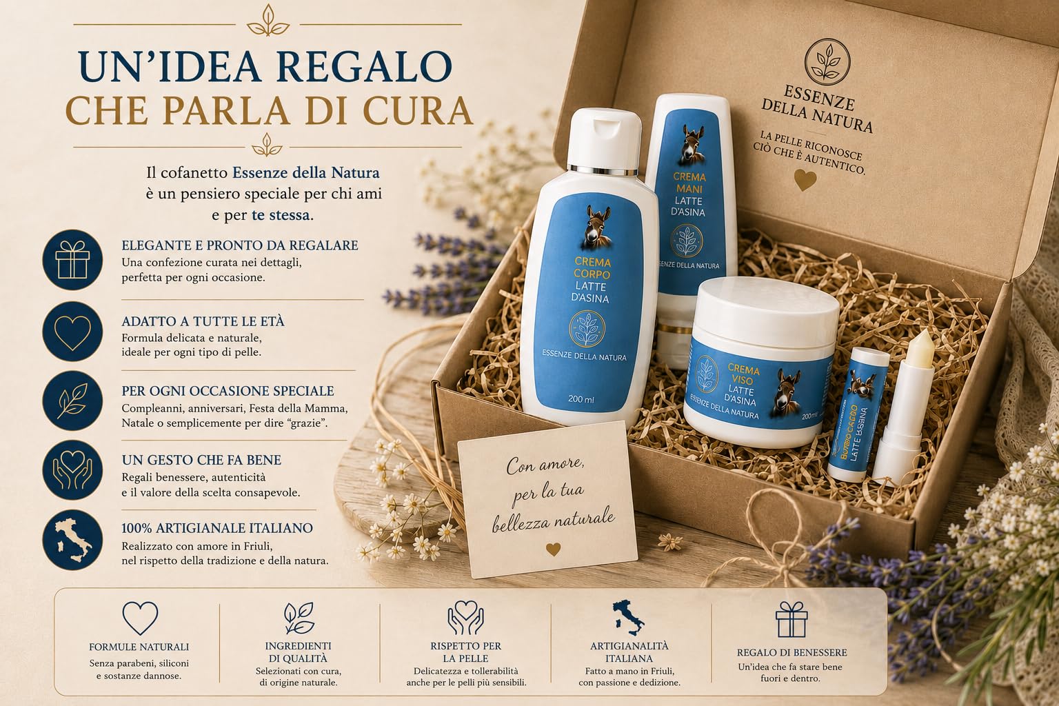 Cofanetto Box Regalo Creme Idratanti Artigianali Naturali al latte d'Asina - Crema Viso, Crema Corpo, Crema Mani e Stick Labbra - Set completo di prodotti per la cura delle pelle - Made in Italy