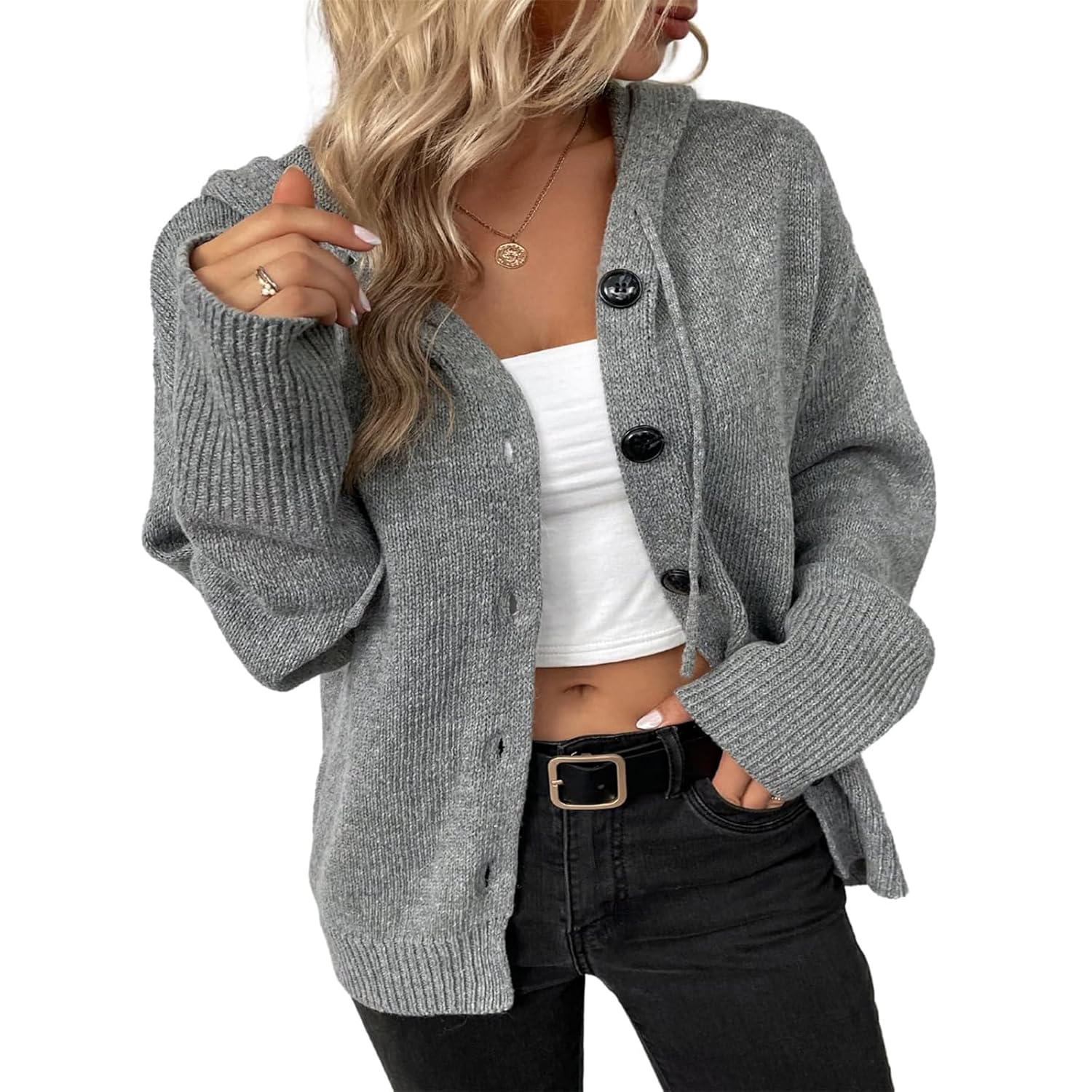 Womens Casual Cardigan V Neck Button Down Hooded Sweaters Long Sleeve Knit Hoodies Cozy Winter Outfits