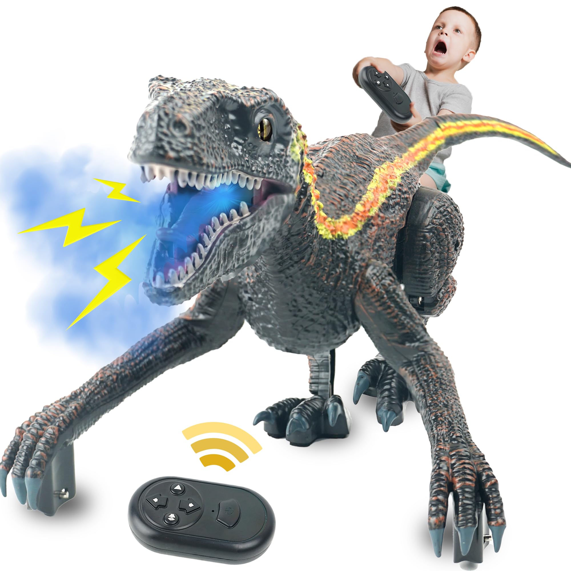 SMILESSKIDDO Dinosaur Toys for Kids, 13 inch Remote Control Dinosaur - Realistic Electronic Velociraptor with 3D Eyes Shaking Head Light Sounds, Toy for 6 7 8 9 Year Old Boy Girl Gift