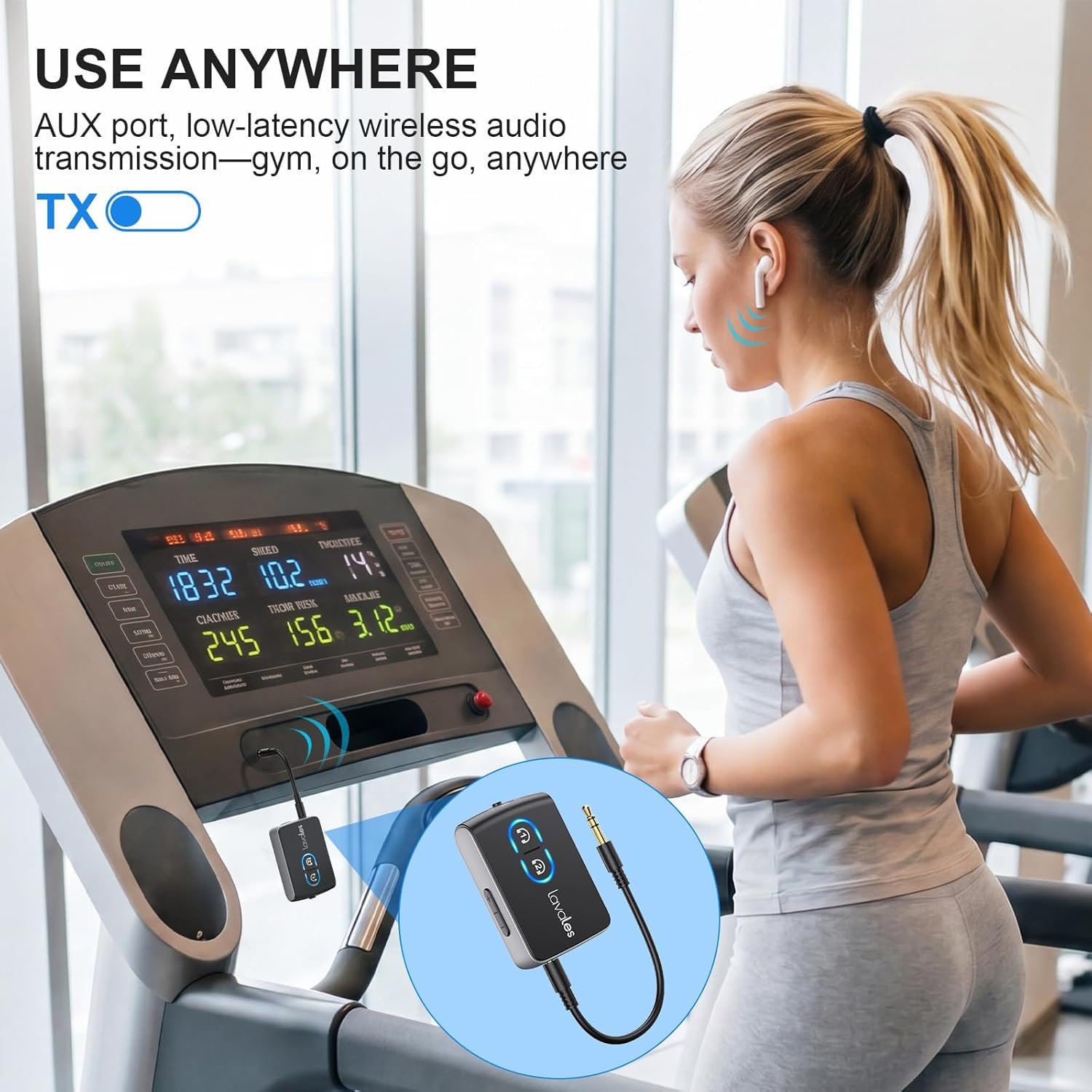 Receptor transmisor Bluetooth 5.3 para TV a auriculares inalámbricos, doble enlace aptX adaptable/LL/HD audio, adaptador AUX Bluetooth 2 en 1 para estéreo doméstico, barco, gimnasio, MP3