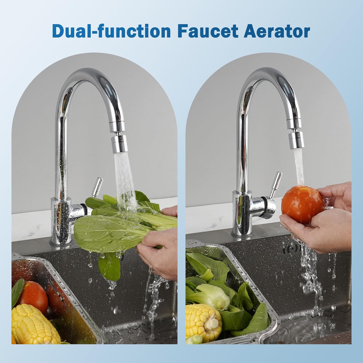 Image showing the dual-function faucet aerator in use, with soft stream and strong spray modes