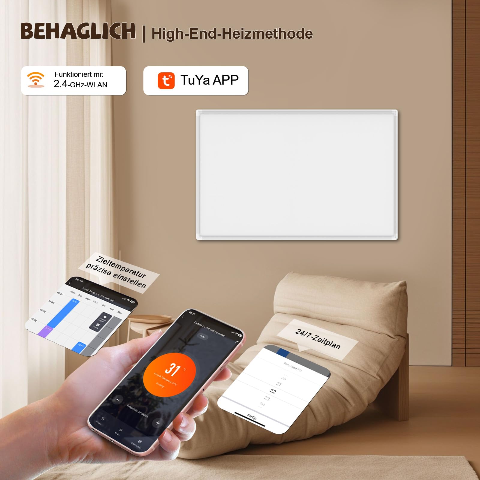 Behaglich Pannello Radiante Infrarossi 600W con Termostato a Controllo Remoto - Temperatura Massima Fino a 120° - 1-3 Minuti per Raggiungere la Temperatura di Esercizio -WiFi - 10 Anni di Garanzia