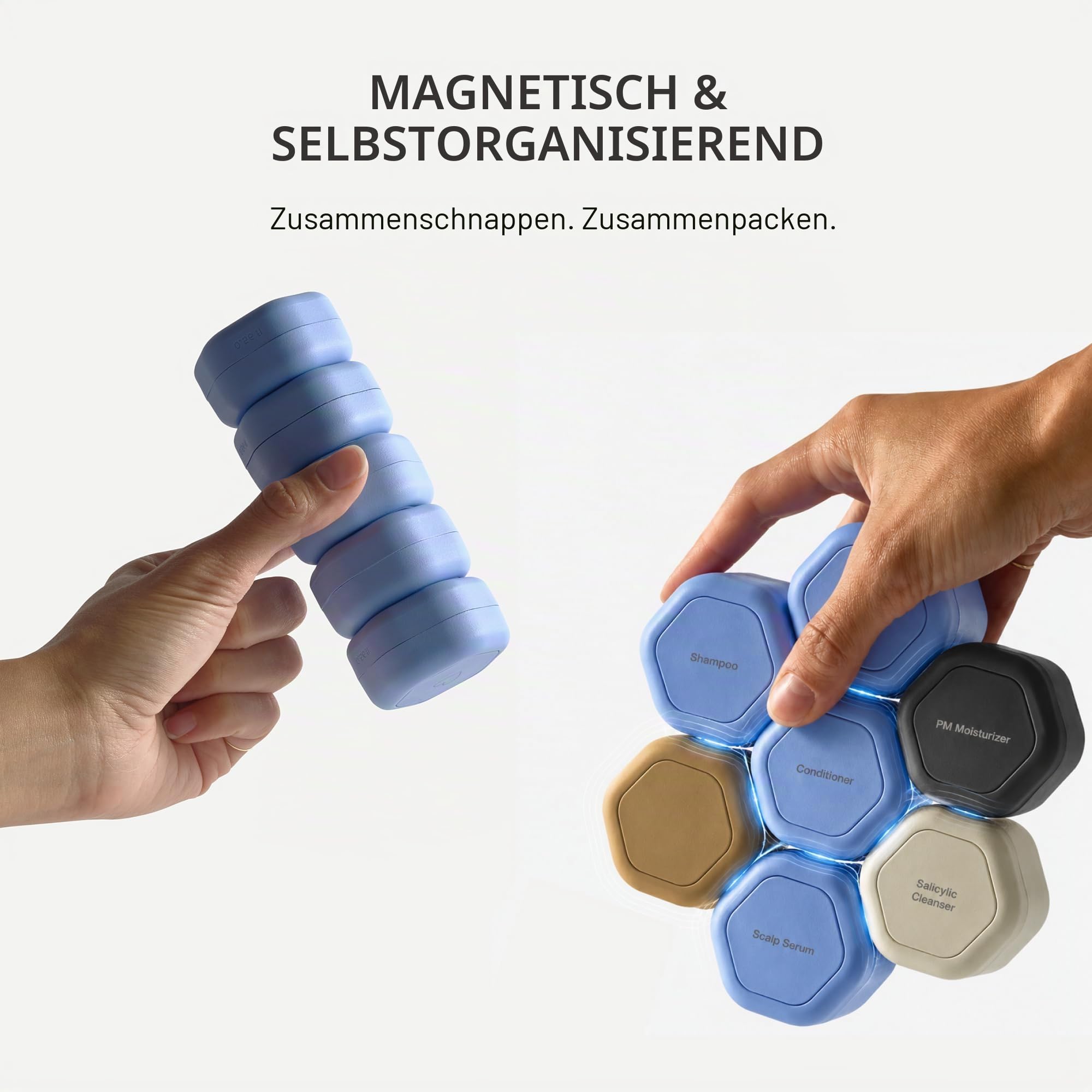Cadence Reisebehälter - Hautpflege-Set - Magnetische Reisekapseln - Gesichtsreiniger, Feuchtigkeitscreme, Sonnencreme - 3 kleine Kapseln (0,5 Unzen) mit Reinigungsmittel,