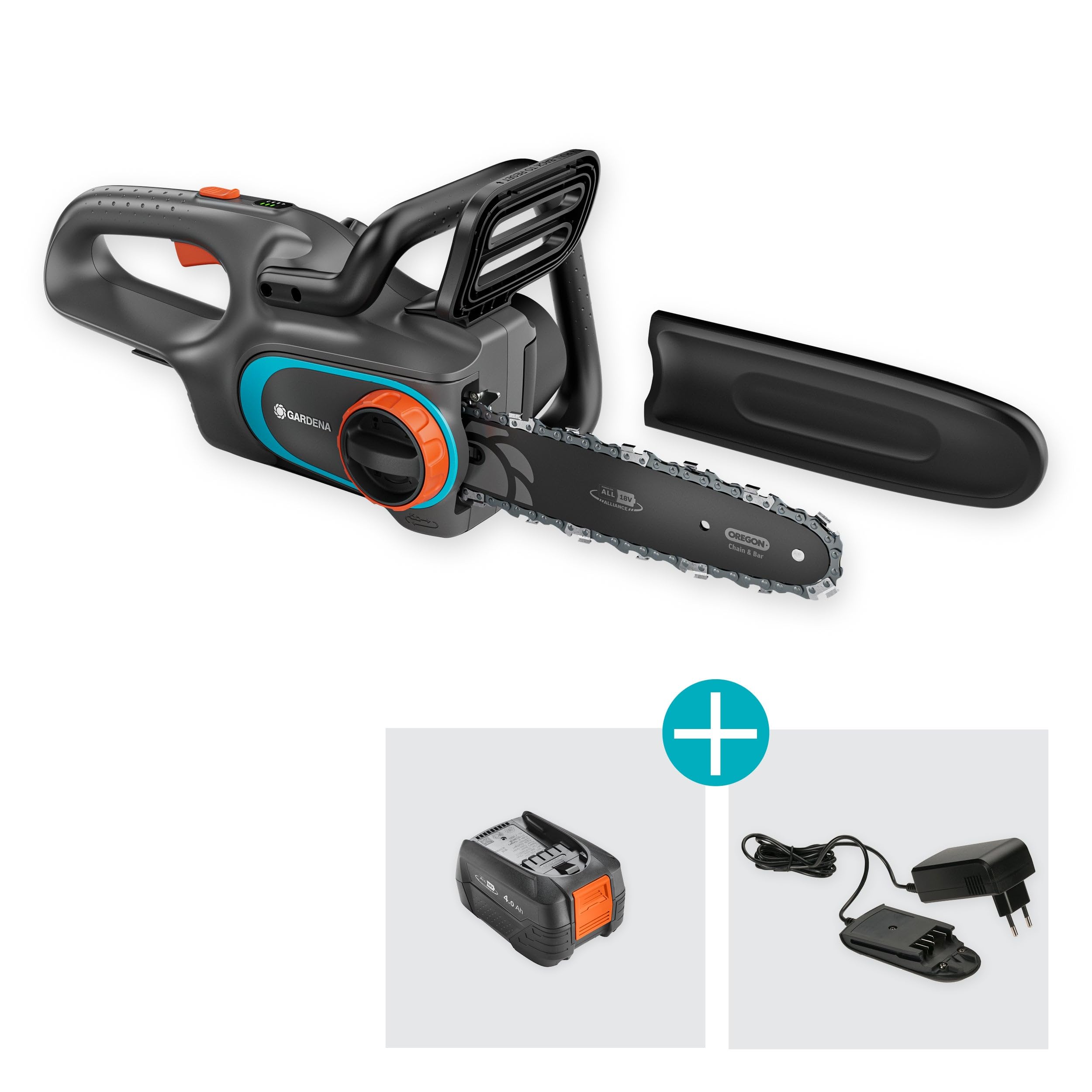 Gardena Akku-Kettensäge PowerSaw 250/18V P4A Ready-To-Use Set: Oregon Kette, Ergonomisch, Geräuscharm, Kettenbremse, Kabellos (14790-20)