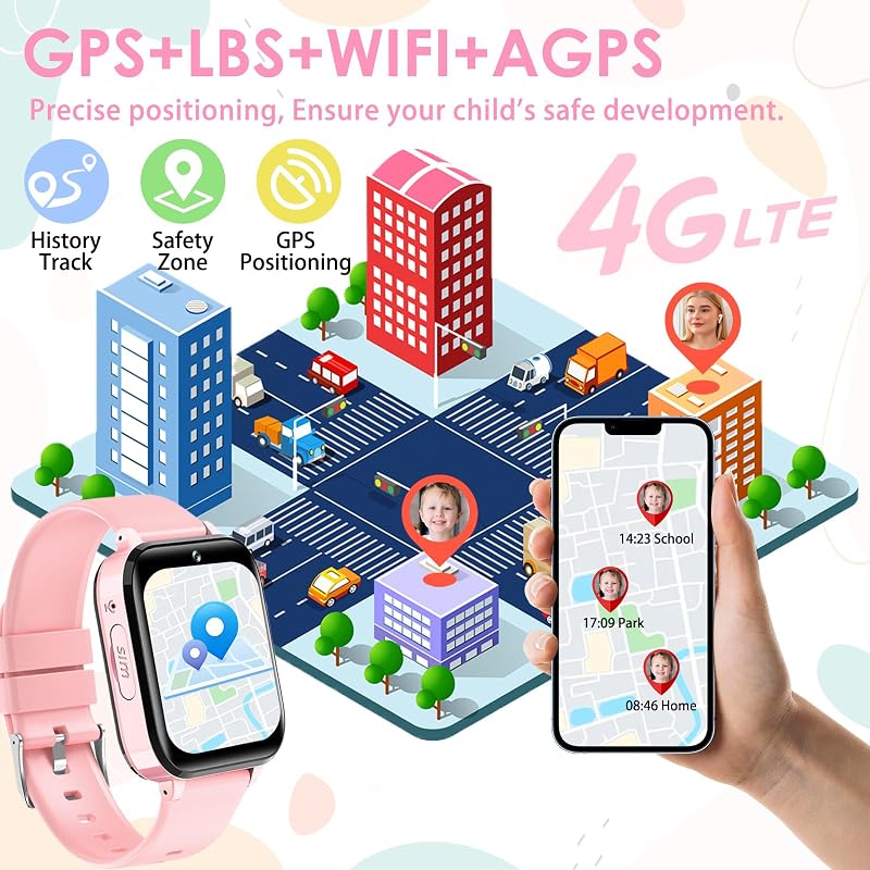 clleylise 4G GPS Okosóra Gyerekeknek - Vízálló IP68, SOS, Hanghívás, Játékok, Érintőképernyő, Rózsaszín Gyerek Okosóra 4-16 Éveseknek