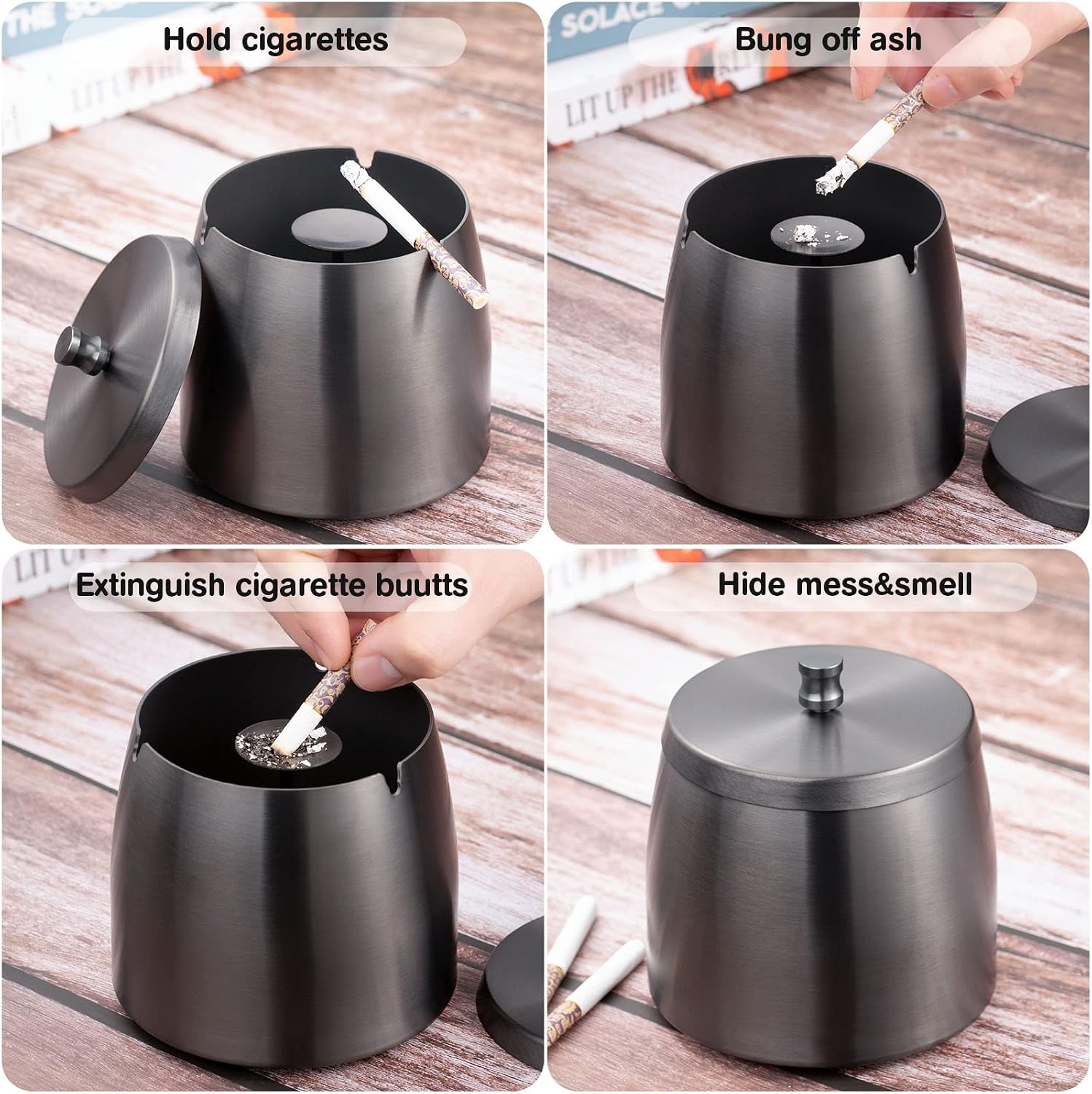 Yangbaga XL Outdoor Ashtray with Lid for Cigarettes, Smokeless Stainless Steel Unbreakable Ash Trays, Covered Odorless Windproof Smell Proof Ashtrays for Outside or Indoor Patio Home Odorless Office