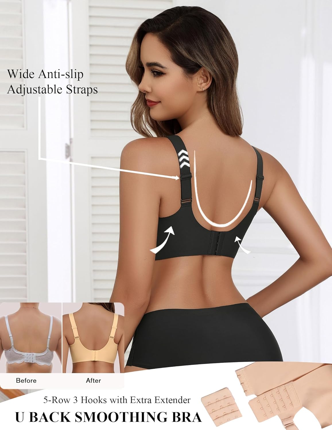 Avidlove Wireless Bras for Women Full Coverage Comfortable Padded Bralette Back Fat Smoothing No Show Bra with Extender Black 3XL - Image 4