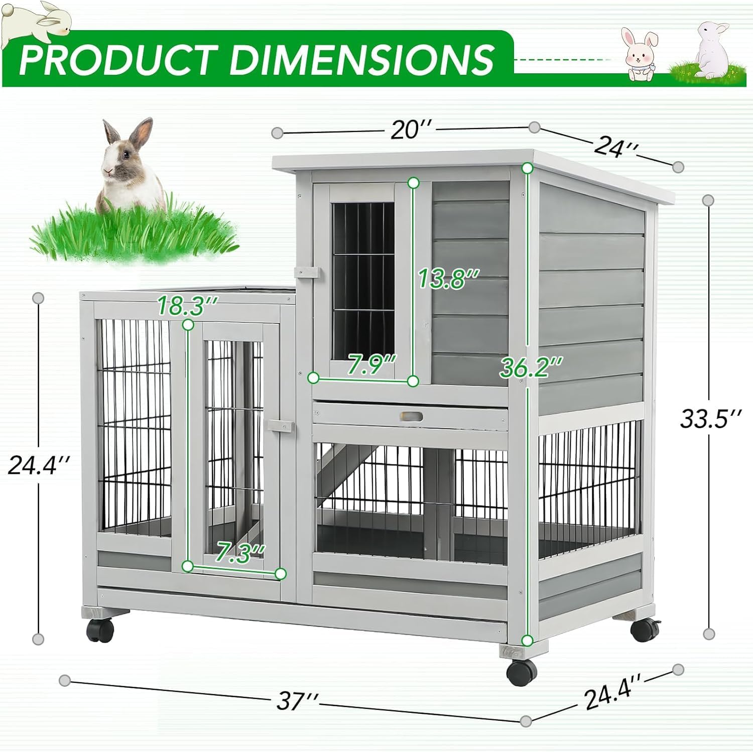 Esright Rabbit Hutch Pet House for Small Animals 37 inches Guinea Pig Cages with Run Bunny House Indoor Rabbit Cage with 4 Casters Removable No Leak Trays & Ladder