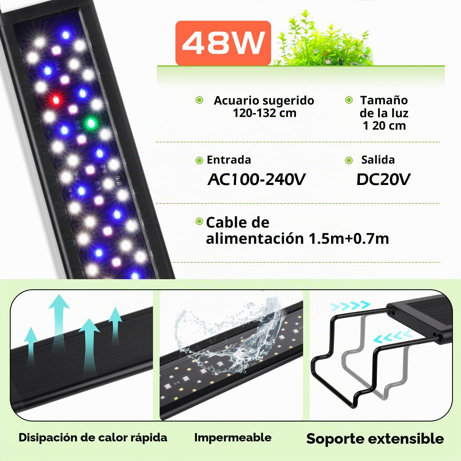 hygger Iluminación Led para Acuario,48W Luz Acuario Plantado, Fish Tank Light de Peces de Brillo Ajustable con 5 Timmer Configuraciones de 120-132cm Tanks