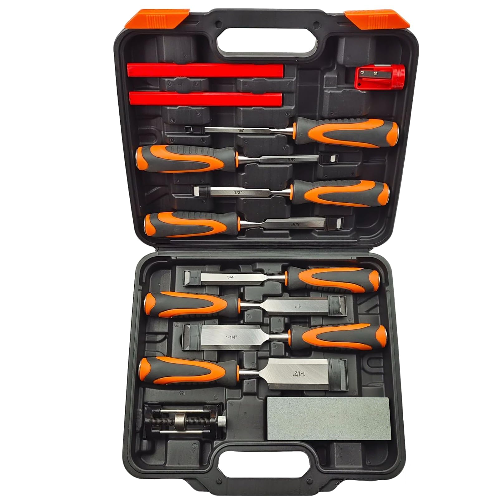 13 Stück Stechbeitel Set Für Holz Profi, 8 Stück Holzbearbeitungswerkzeuge 6-38mm Full Size Chisel Set mit Honing Guide, Schleifstein, Tischler Stifte und Tragetasche & Ergonomischer Griff Für Holzbea