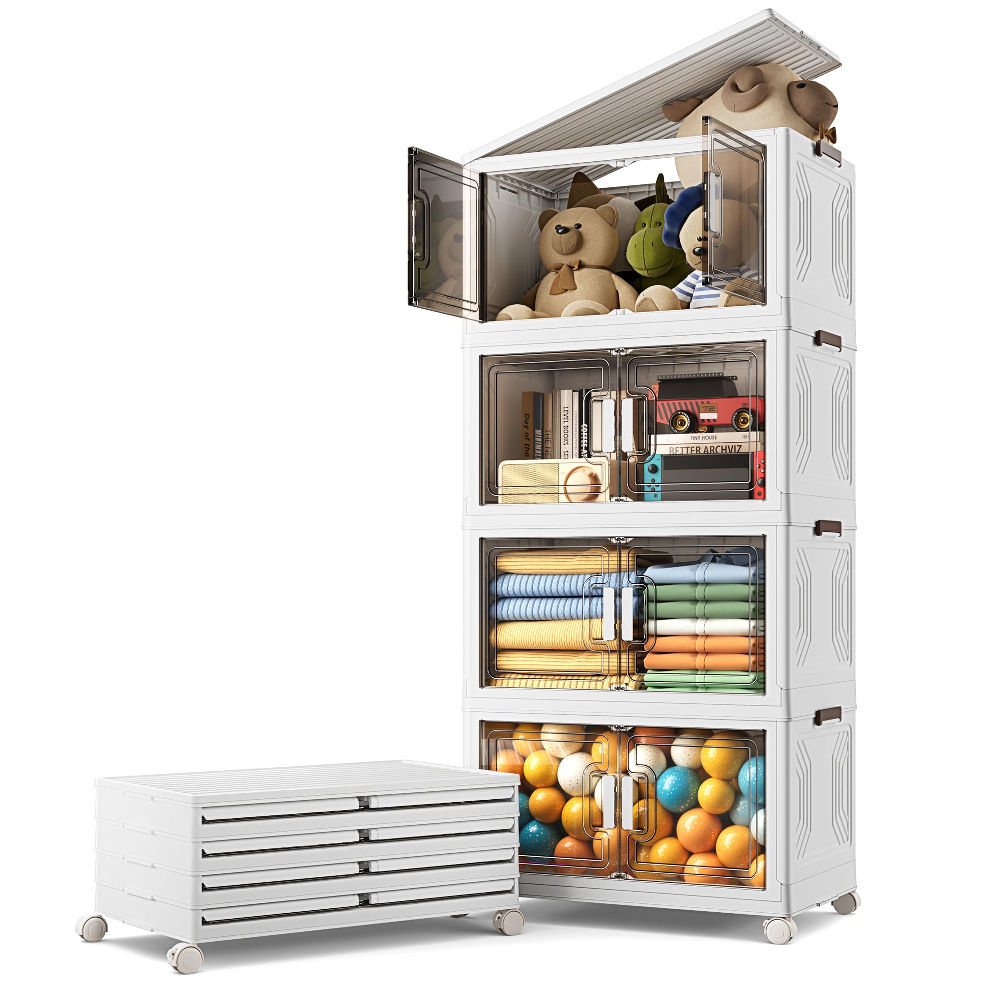 BTGGG 4er Pack Aufbewahrungsbox mit Deckel 54L*4 Stapelbare Aufbewahrungsboxen Kunstoffboxen Klappbox Plastikbox mit Deckel, Faltbare Aufbewahrungsbehälter Aufbewahrungsboxen mit Türen und Rollen