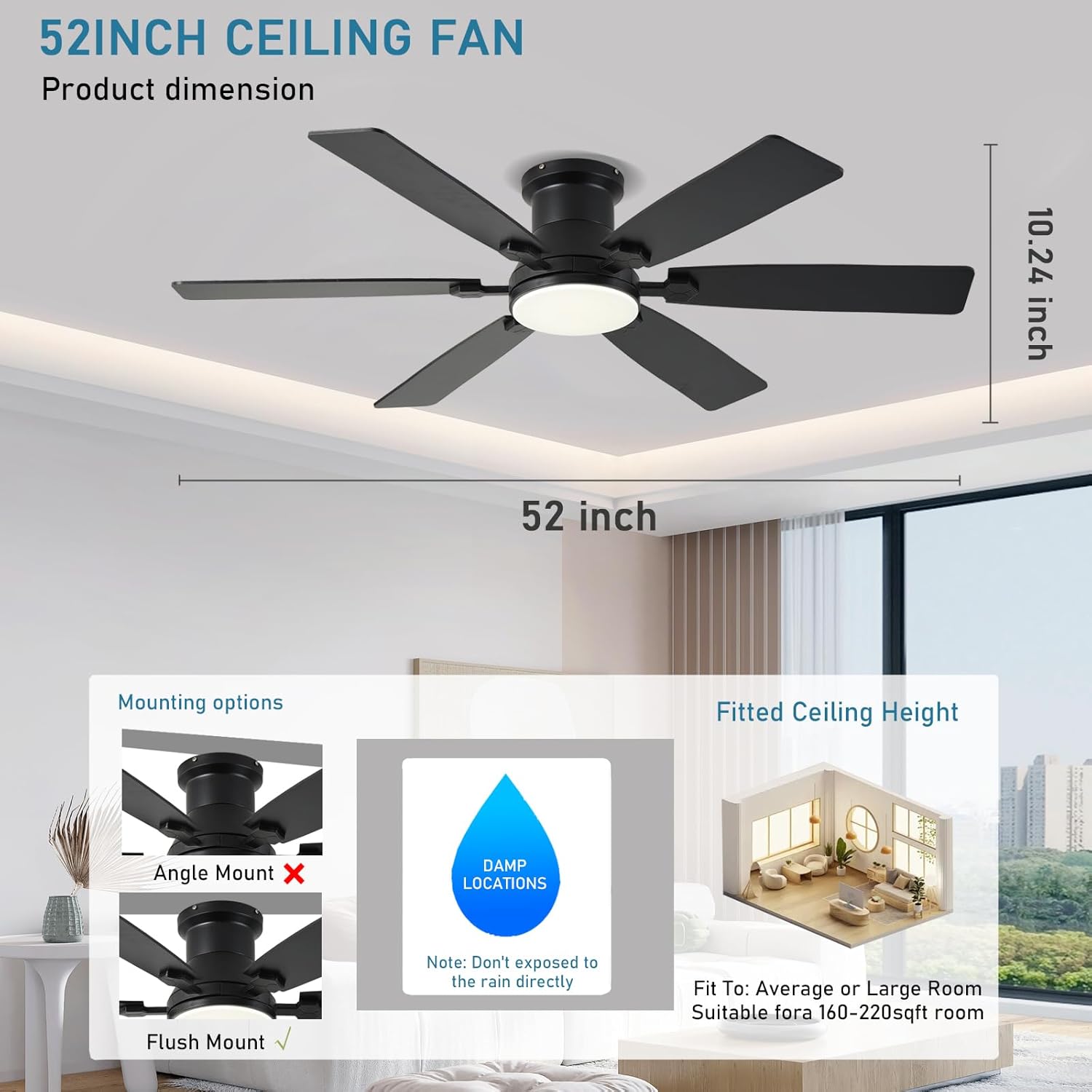 52inch Low Profile Ceiling Fan with Light and Remote/APP Control, LED Dimmable DC ReversibleModern, Flush Mount,6 Blade,Black Ceiling Fan for Bedroom Living Room/Outdoor Use - Image 7