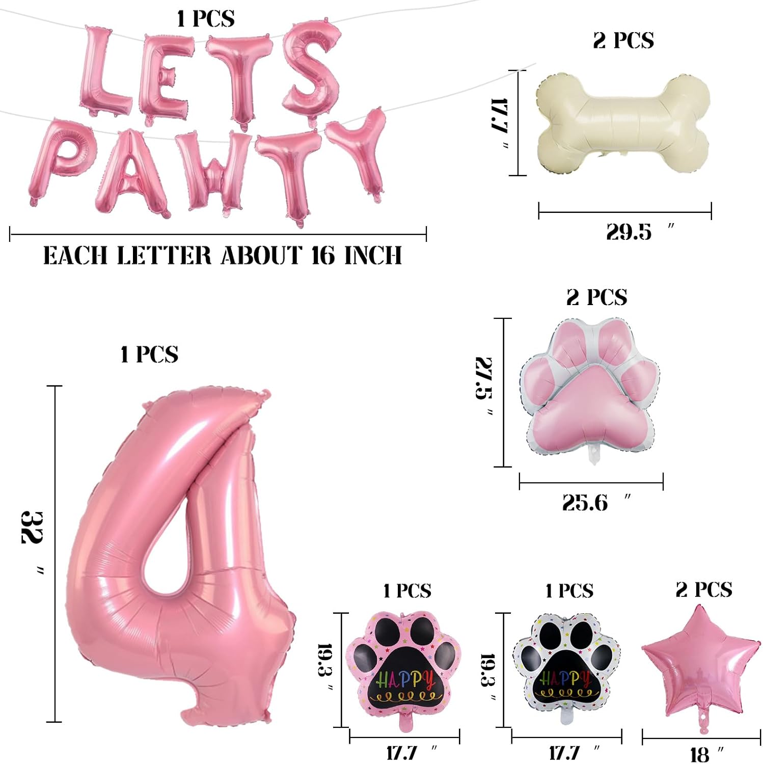 4th Dog Balloons 18pcs Lets Pawty Balloons Dog Paw Birthday Decor Pink 32 inch Pink Number Balloons 4 Mylar Foil Balloons for Lets Pawty Birthday Decorations Dog 4th Birthday Party Supplies image 2