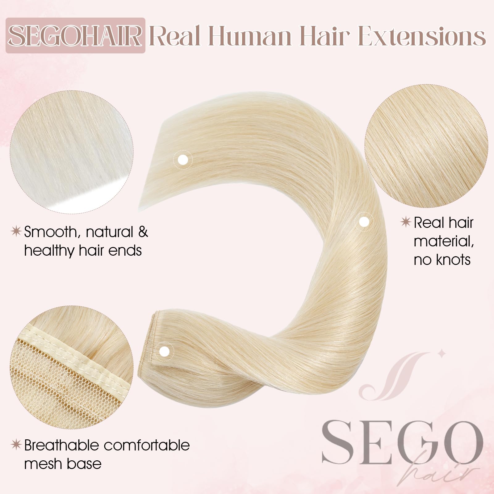 SEGOHAIR Clip in Hair Extensions - Real Human Remy Hair, 14" Seamless Clip in One Piece (5 Clips) - Platinum Blonde (40g) - Image 3